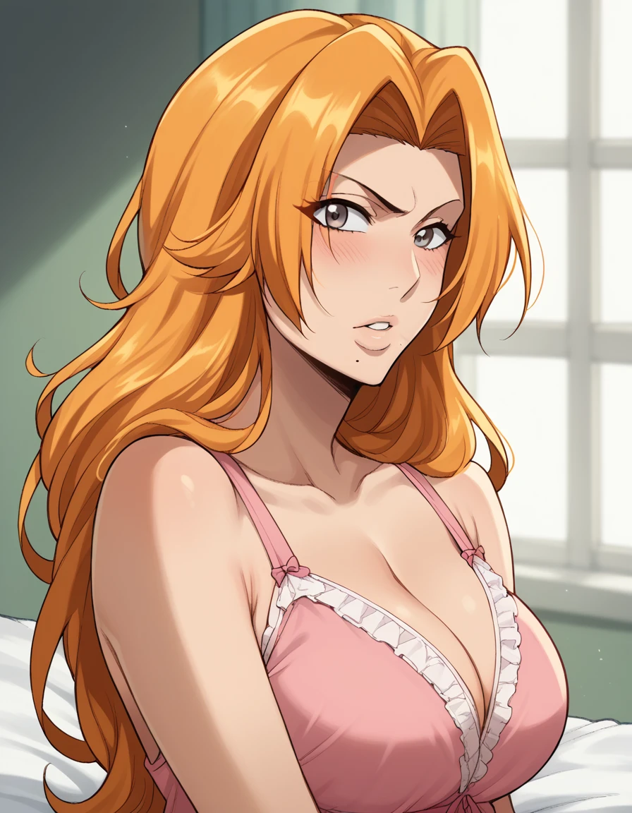 score_9, score_8_up, score_7_up, source_anime, <lora:rangiku-matsumoto-anime-ponyxl-lora-nochekaiser:1>, rangiku matsumoto, long hair, grey eyes, orange hair, mole, mole under mouth, parted bangs, large breasts, <lora:negligee-ponyxl-lora-nochekaiser:1>, negligee, sleeveless, underwear,, bed, bed room, on bed, wariza, sitting, blush, from side, parted lips, collarbone,, cowboy shot, dutch angle, looking at viewer,