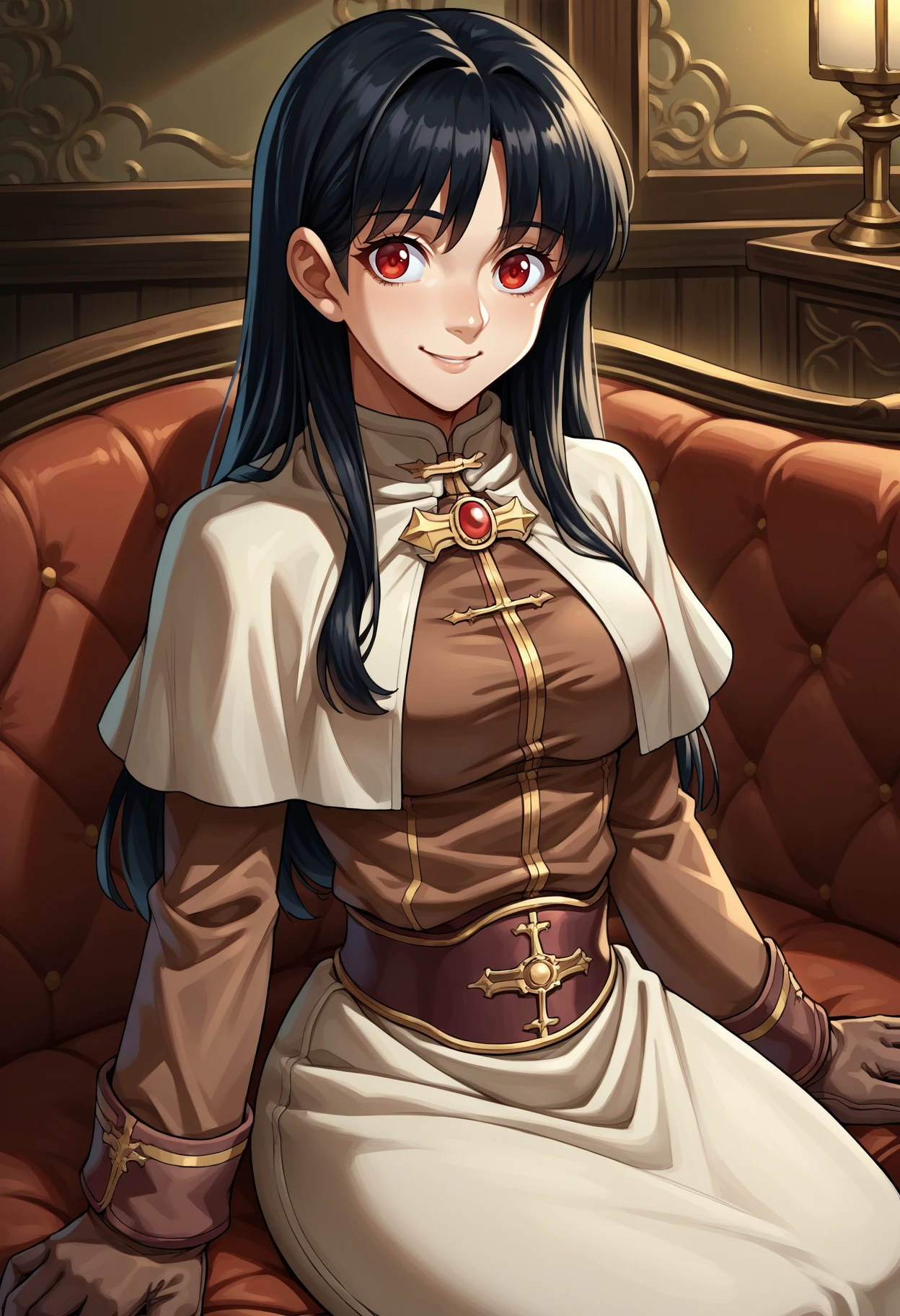 score_9, score_8_up, source_anime, 1girl, solo, black hair, long hair, red eyes, (mature female:0.65), AclytClth, white capelet, brooch, brown shirt, long sleeves, brown gloves, belt, white skirt, long skirt, indoors, smile, sitting, on couch, <lora:ChamFemaleAcolyteClothesPonyXL:1>