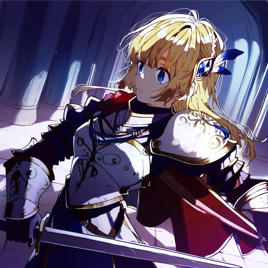 score_9,score_8_up,score_7_up,   angelica_963, angelica_knight, 1girl, solo, long hair, blue eyes, bangs, blonde hair, braid, breasts, hair ornament, armor, shoulder armor, cape, pauldrons, gauntlets, knight,glove, holding, weapon, sword