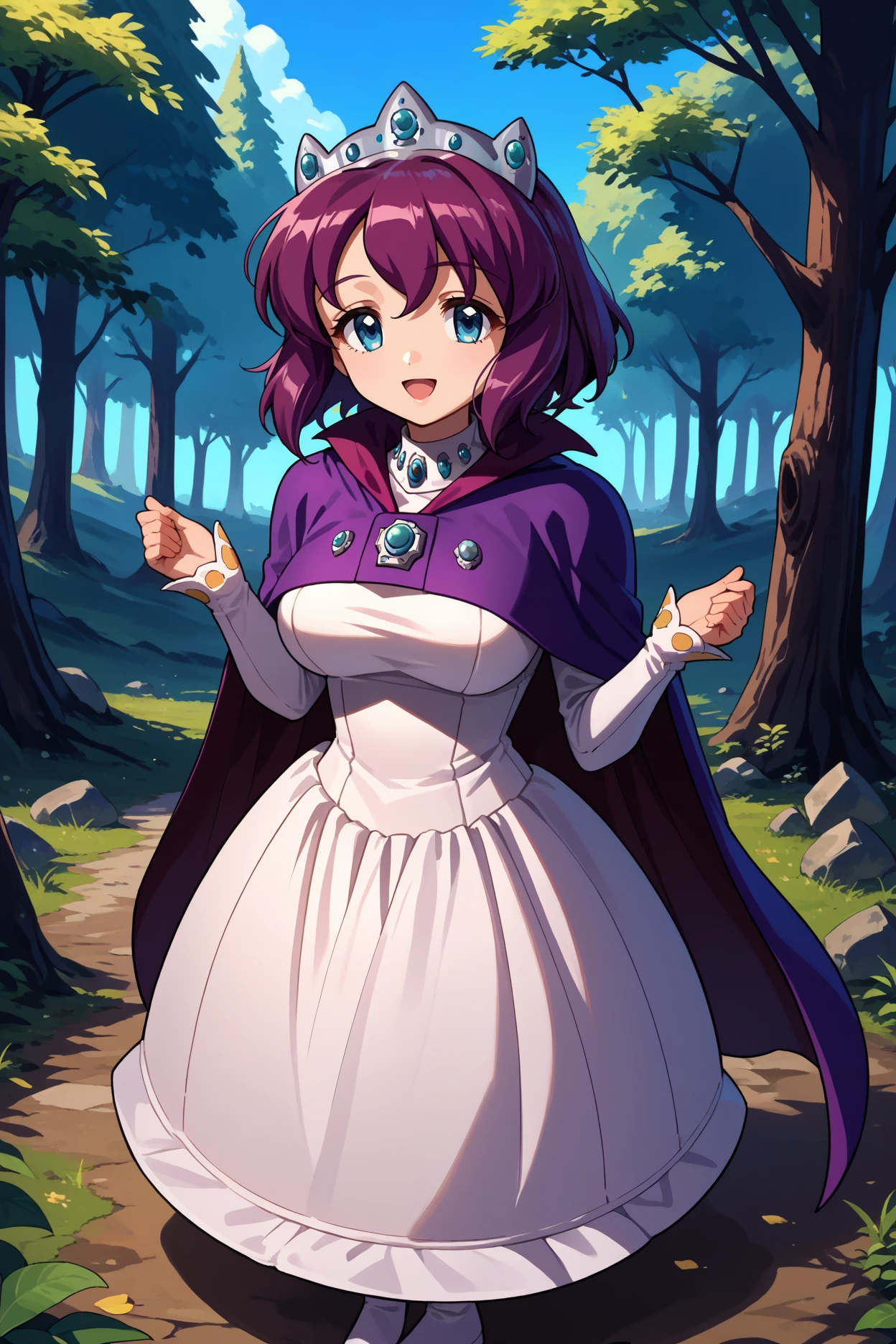 score_9, score_8_up, score_7_up, score_6_up, source_anime, 1girl, solo,  <lora:henrietta-pdxl-nvwls-v1-000005:1> hrta, purple hair, short hair, blue eyes, crown, purple cape, brooch, long sleeves, white dress, large breasts, looking at you, happy, blue sky, medieval, forest, full body, chestnut mouth