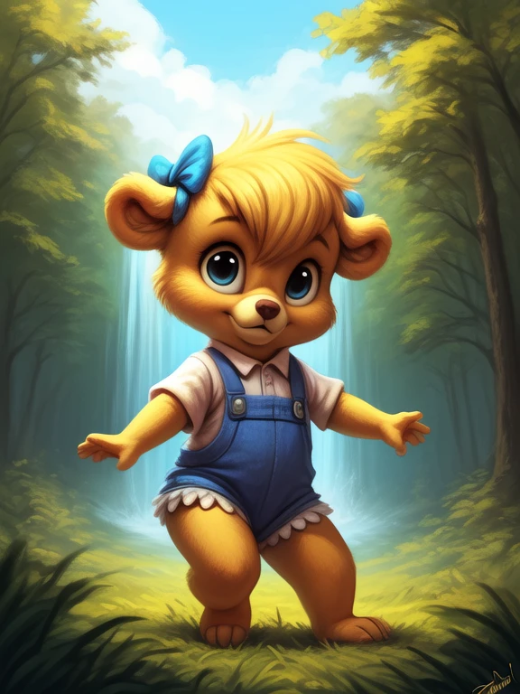 <lora:MollyCunninghambearDom:1> MollyCunninghambearDom, yellow wool, blue ribbons, white panties, shirt, shorts with suspenders, chibi,  small body,
Looks at the viewer, [ solo focus, nature, forest, day, clouds, waterfall,]  ((dancing ))
(beautiful, aesthetic, perfect, delicate, intricate, saturated colors), masterpiece, digital drawing, best quality,
by taran fiddler, by cynicalstarr, by personalami,