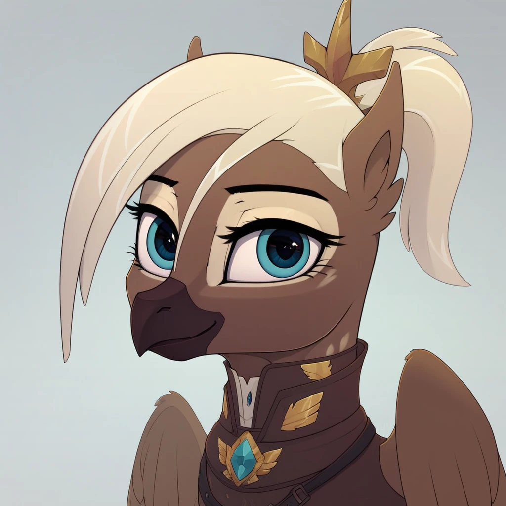 masterpiece, score_9_up, score_8_up, score_7_up, score_6_up, (best quality:1.1), ultra-detailed, high resolution, solo, vivienne discret, griffon, griffon oc, mlp, avian, feral, female, eyebrows,  blue eyes, beak, light blonde hair, ponytail, brown feathers, feathery ears, wings, small crown, clothes, portrait, upper body, simple background, highly visible, sharp focus, anatomically correct