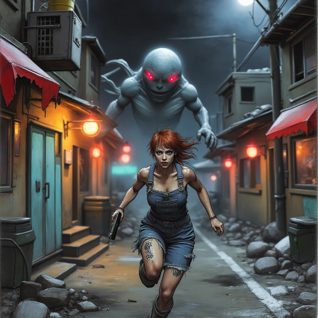 <lora:FRcomics_EB_v1:2.3> finely intricate details, lots of pencil strokes, a color masterpiece comics scribbled illustration, A woman running down a dark alleyway between two crumbling high-rise buildings, with a holographic display of her pursuers on the walls and a strange creature with glowing red eyes lurking in the shadows, in a neon-lit cityscape that feels like a dystopian nightmare. She's dressed in tattered overalls and has a pistol at her side.