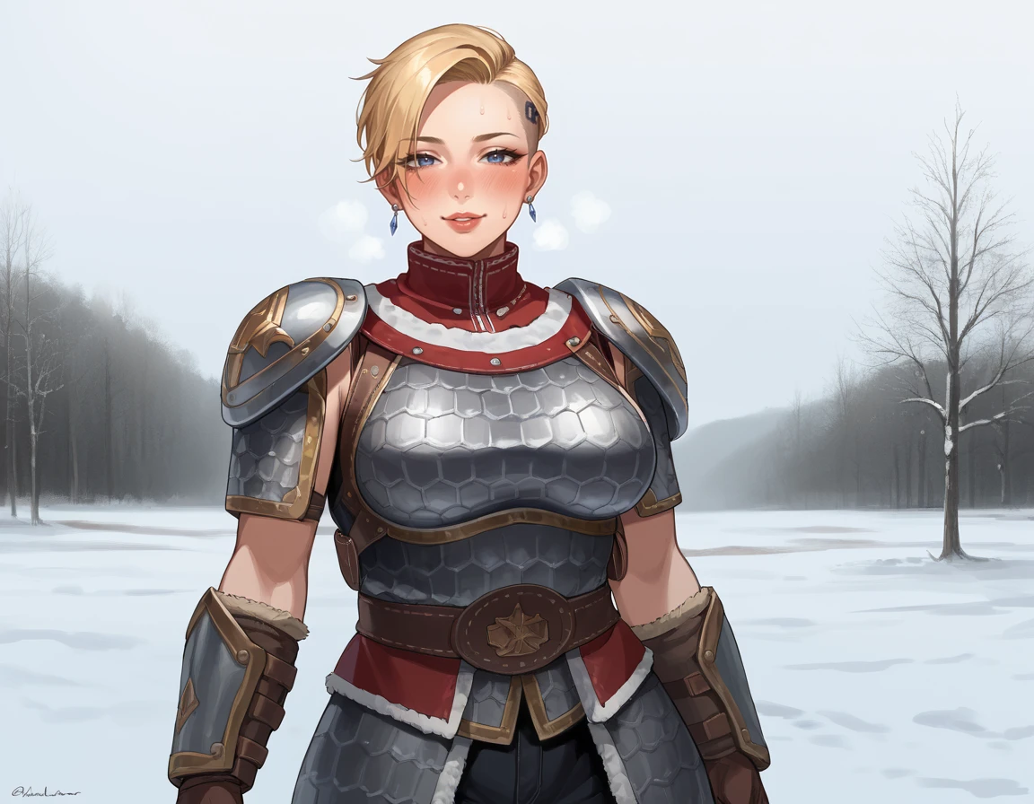 score_9, score_8_up, score_7_up, 2d, source_anime, cartoon,
ArmouredKossar, mature female, solo, curvy, armor, blonde hair, undercut,
muscular, large breasts, wide hips, looking at viewer, in heat, blush, aroused, naughty, seductive smile,
snow, winter,
 <lora:ArmouredKossar_PonyXL:0.8>