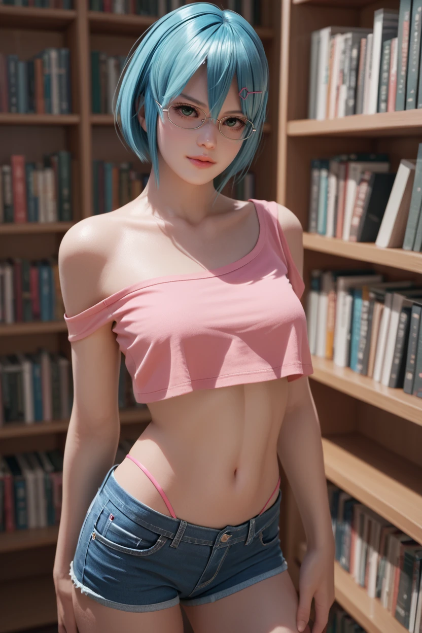 <lora:doa_nico:0.9> nico, pink one-shoulder crop top, mini jeans, shorts, thong, library, sexy, glasses, score_9, score_8_up, score_7_up, zPDXL3