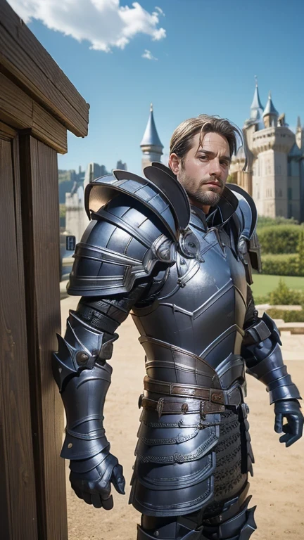 close-up, 40yo man as a Knight (wearing a full armor), action figure style, ((in front of a magnificent castle)), professional photograph, masterpiece, best quality, 8K, 16K, UHD, photorealistic, solo