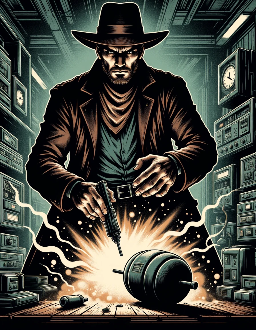 A tense scene of a secret agent defusing a bomb in a high-stakes situation. The agent, wearing a focused expression and using advanced tools, works carefully to disarm the explosive device. The background features a ticking countdown and a high-tech environment filled with electronic equipment.    <lora:Western_Comic:0.8>