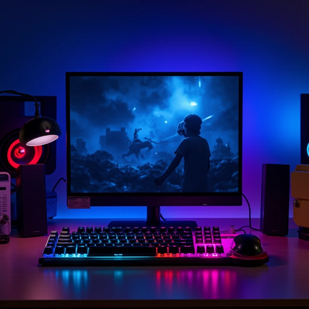 A blue and pink gaming keyboard with, on a wooden desk, with a monitor displaying a game being played in the center of the image,  <lora:Gaming Keyboard FLUX:1> highest quality, crystal clear, front view