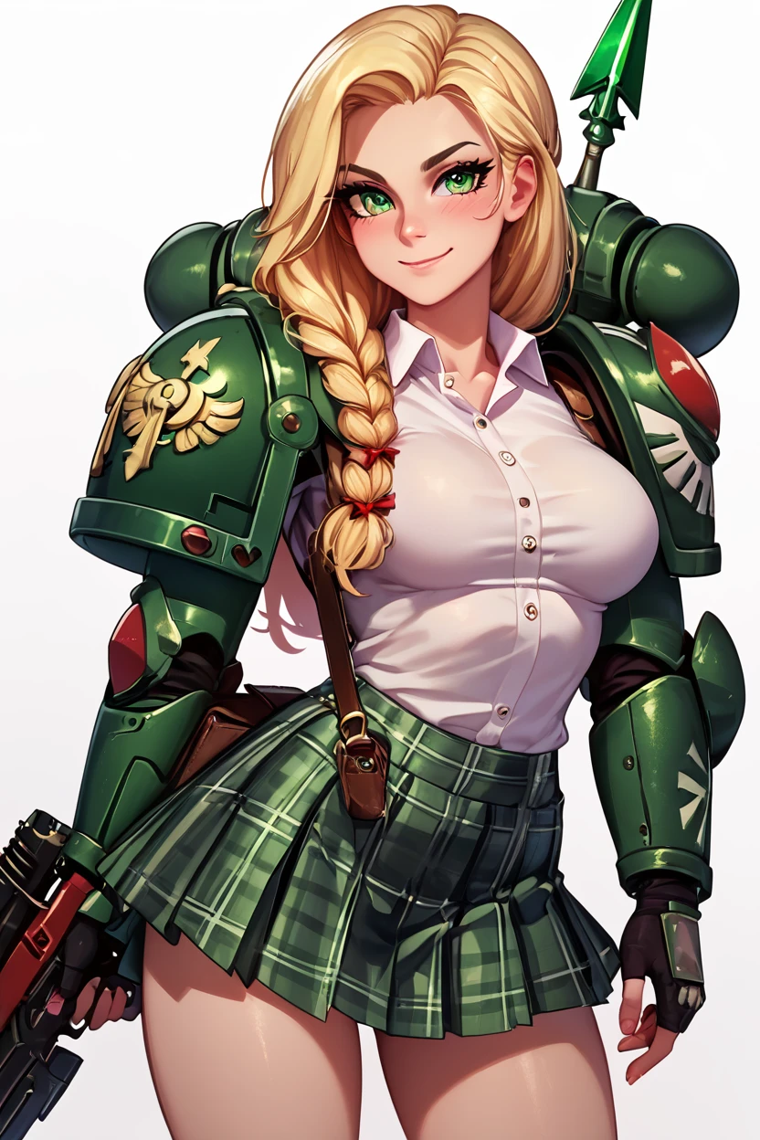 score_9, score_8_up, score_8, medium breasts, (curvy), cute, eyelashes,       BREAK, , zzDarkAngel, 1girl, long hair, simple background, white background, green eyes, weapon, gun, pauldrons, shoulder pads, power armor shoulder armor, arrow (symbol), green theme, cowboy shot, <lora:Dark_Angels_Warhammer_40K_PDXL_v2:0.8>, , BREAK, closed mouth, alternate costume, smile, looking at viewer, collared shirt, blush, sweater, black skirt, eyelashes, long sleeves, sleeves past wrists, plaid skirt, shoulder bag, black bag, blurry, tile floor, pleated skirt, white shirt, cowboy shot,  embedding:zPDXL, Expressiveh,  <lora:Vivid:0.7>,  <lora:Uncensored_PonyXL_cpt_v02.09:0.4>,  <lora:Expressive_H-000001:0.4>,