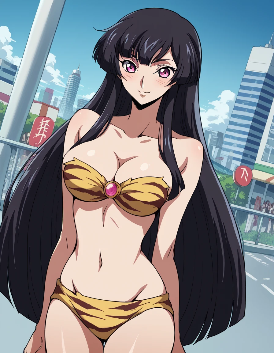 score_9, score_8_up, score_7_up, source_anime, <lora:sakuya-sumeragi-s1-ponyxl-lora-nochekaiser:1>, sakuya sumeragi, long hair, black hair, very long hair, pink eyes, large breasts,, <lora:lum-cosplay-ponyxl-lora-nochekaiser:1>, lumcosplay, navel, cleavage, swimsuit, bikini, strapless, animal print, yellow bikini, tiger print, strapless bikini,, outdoors, cityscape, street, smile, blush,, , cowboy shot, dutch angle