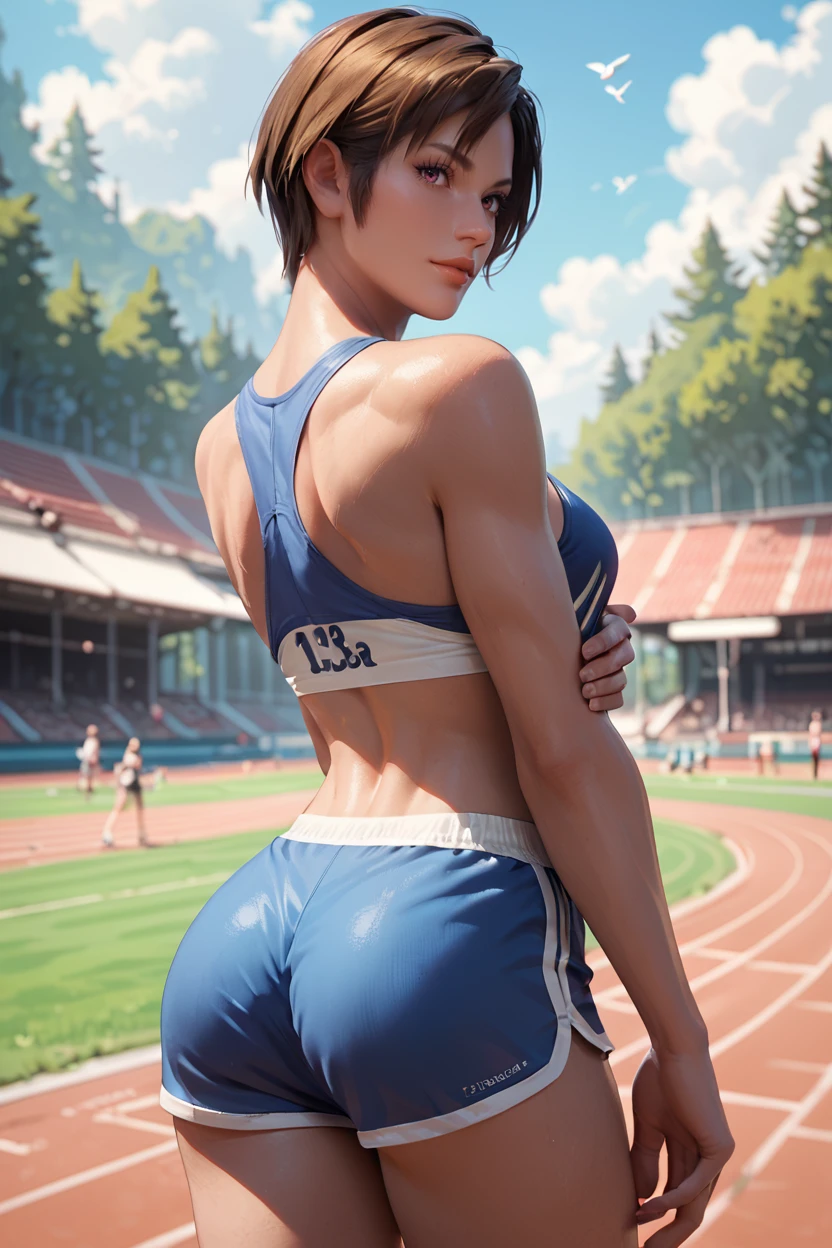 <lora:doa_lisa:0.9> lisa, athletic wear, track, shorts, from behind, outdoors, looking back, looking at viewer, score_9, score_8_up, score_7_up, zPDXL3