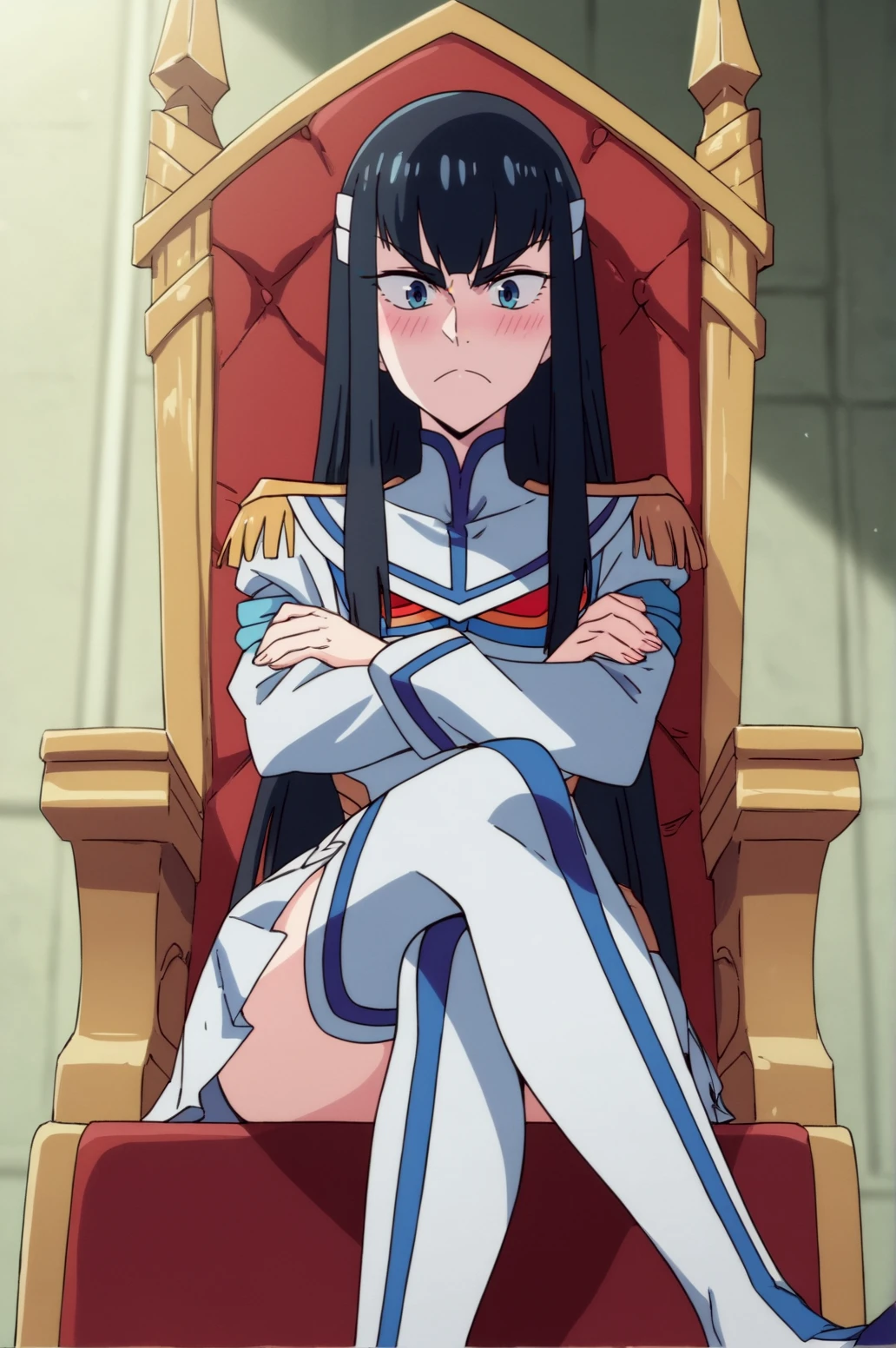 score_9, score_8_up, score_7_up,anime_source, source_anime, best background, detailed background, anime screencap,  Satsuki Kiryuin, Main Outfit, indoors, blush, dynamic angle, dynamic pose, tsundere, crossed legs, crossed arms, sitting, throne, <lora:JN_Satsuki_Kiryuin:0.8>