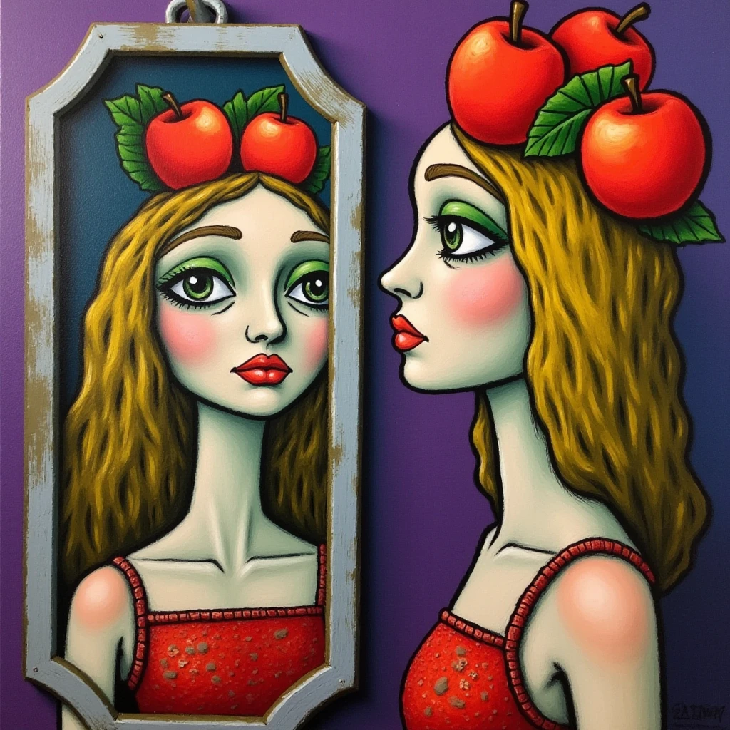 Abstract Surrealist cubist painting depicting a woman with green eyes and a red apple on her head looking at herself in the mirror. , <lora:Lilly_Rose_Depp_FLUX_v1-000040:1>