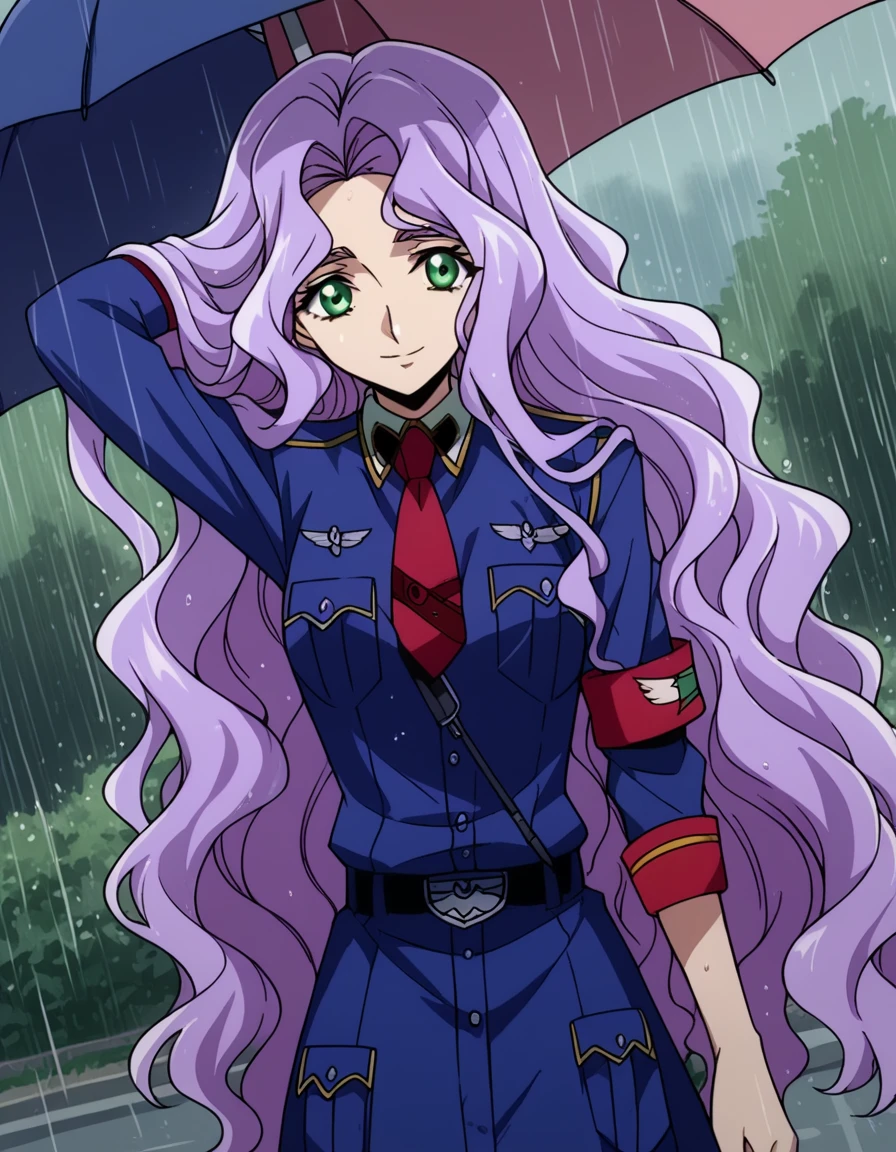 score_9, score_8_up, score_7_up, source_anime, <lora:anna-clement-movie-ponyxl-lora-nochekaiser:1>, anna clement, long hair, very long hair, green eyes, purple hair, forehead, wavy hair, medium breasts,, necktie, uniform, military uniform, red necktie, armband, rainy day, umbrella, walking home, puddles, wet hair, , looking at viewer, hands behind head, smile,, solo,, cowboy shot, dutch angle