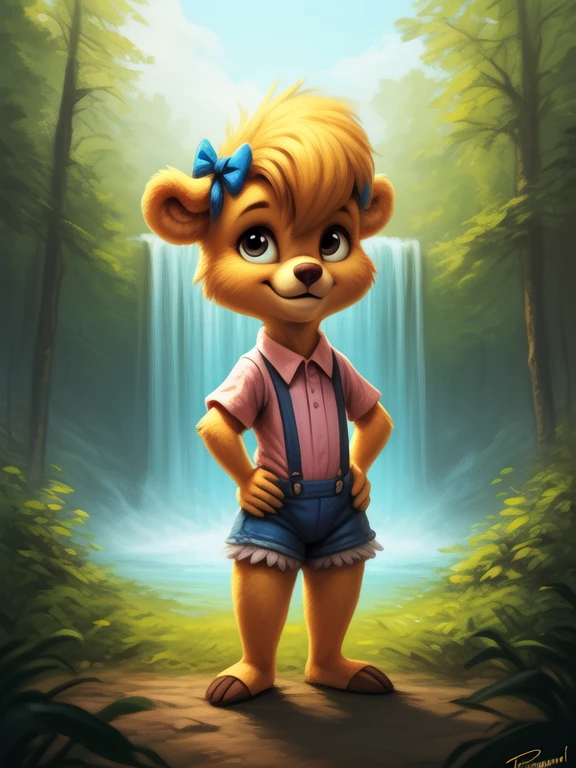 <lora:MollyCunninghambearDom:1> MollyCunninghambearDom, yellow wool, blue ribbons, white panties, shirt, shorts with suspenders, chibi,  small body,
Looks at the viewer, [ solo focus, nature, forest, day, clouds, waterfall,] (standing, Hands on hips, smile,)
(beautiful, aesthetic, perfect, delicate, intricate, saturated colors), masterpiece, digital drawing, best quality,
by taran fiddler, by cynicalstarr, by personalami,