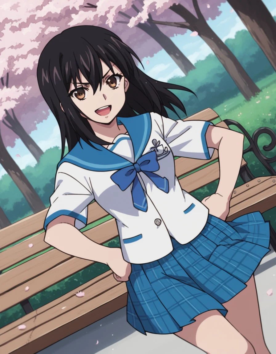 score_9, score_8_up, score_7_up, source_anime, <lora:yukina-himeragi-s1-ponyxl-lora-nochekaiser:1>, yukina himeragi, long hair, black hair, brown eyes, medium breasts,, skirt, bow, school uniform, pleated skirt, serafuku, sailor collar, blue skirt, plaid, blue bow,, park, cherry blossoms, bench, gentle breeze, peaceful, running, open mouth,, smile, looking at viewer, smug, hands on hips,, solo,, cowboy shot, dutch angle