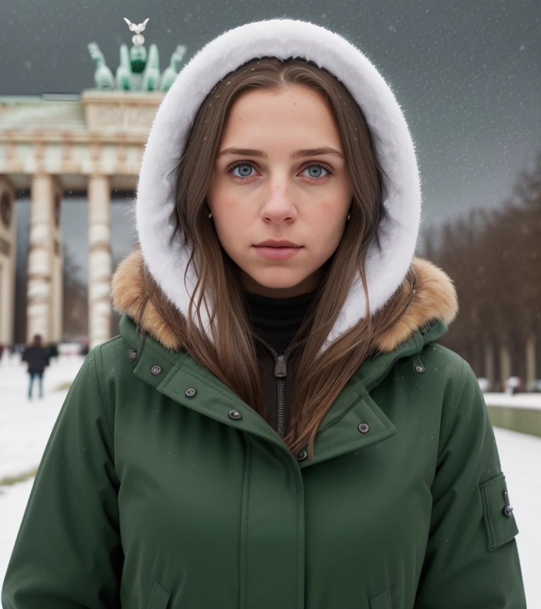 (Name :Nina Popović), soldier from the Soviet war era, dressed in a worn winter uniform with a fur-lined hat. She holds a vintage rifle, her face showing signs of resilience and determination. The snowy battlefield background includes distant silhouettes of soldiers and vehicles, with snowflakes swirling in the cold, tense atmosphere. The image is highly detailed, capturing the harshness of the winter war setting and the soldier's bravery