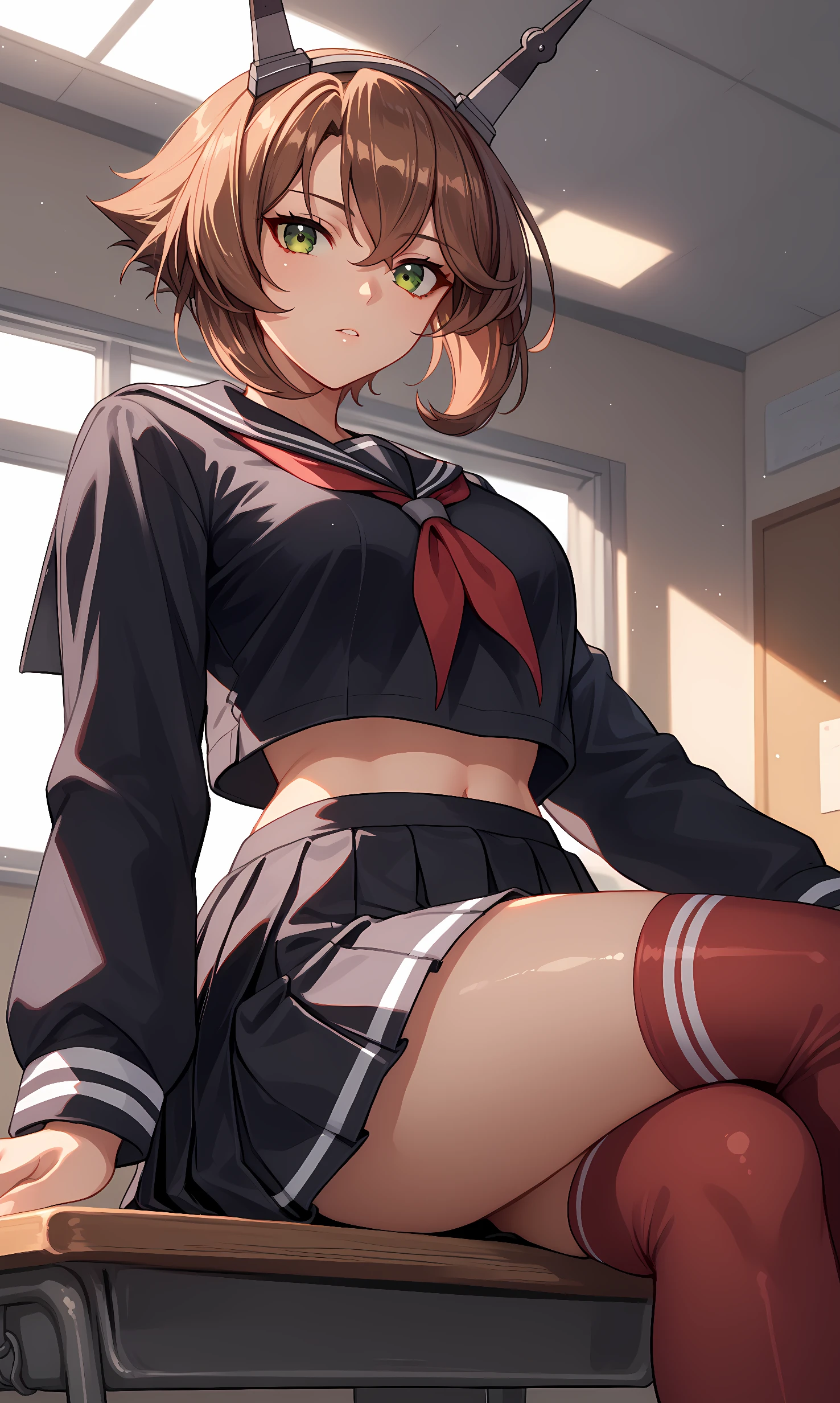 score_9, score_8_up, score_7_up, BREAK source_anime, 1girl, solo, indoors, classroom, cowboy shot, looking at viewer, shiny skin, mutsu, green eyes, brown hair, short hair, hair ornament, headgear, school uniform, black shirt, long sleeves, midriff, black serafuku, red neckerchief, black skirt, pleated skirt, red thighhighs, from below, crossed legs, sitting, on desk