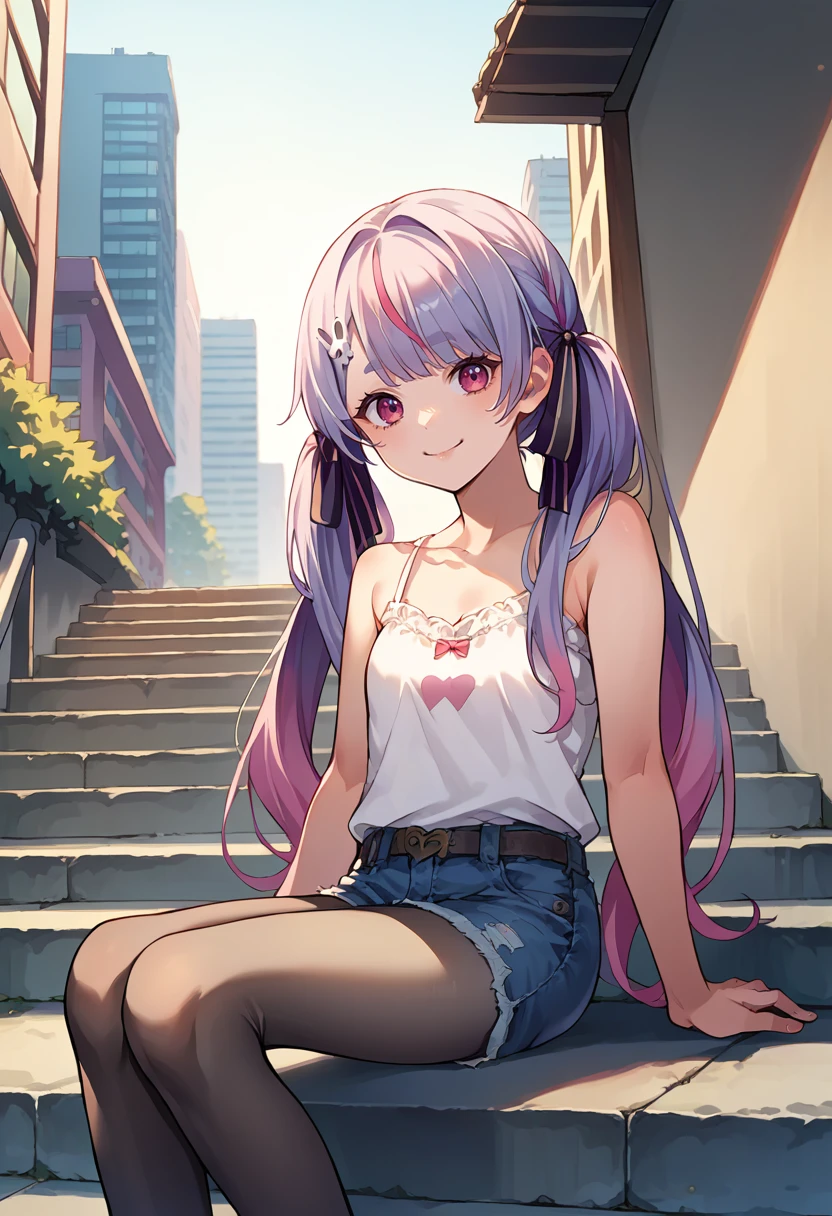 score_9, score_8_up, source_anime, 1girl, solo, TosakiMimi, pink eyes, multicolored hair, long hair, low twintails, hair ribbon, camisole, denim shorts, pantyhose under shorts, sitting, stairs, outdoors, city, smile, <lora:ChamTosakiMimiPonyXL:1>