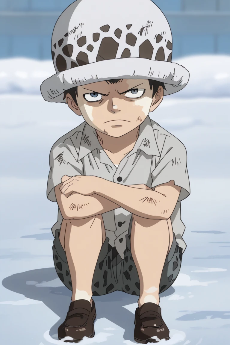 score_9, score_8_up, score_7_up, source_anime, rating_safe, snow blur, sitting, male child focus, trafalgar law, grey-white_Law_patterned hat, black_Law_hair, grey_Law_eyes, white_Law_facepaint, grey_Law_dirty shirt, grey-black_Law_patterned shorts, black_Law_shoes, glaring, frown, 1male-child, intricately detailed illustration, angry, anime screencap