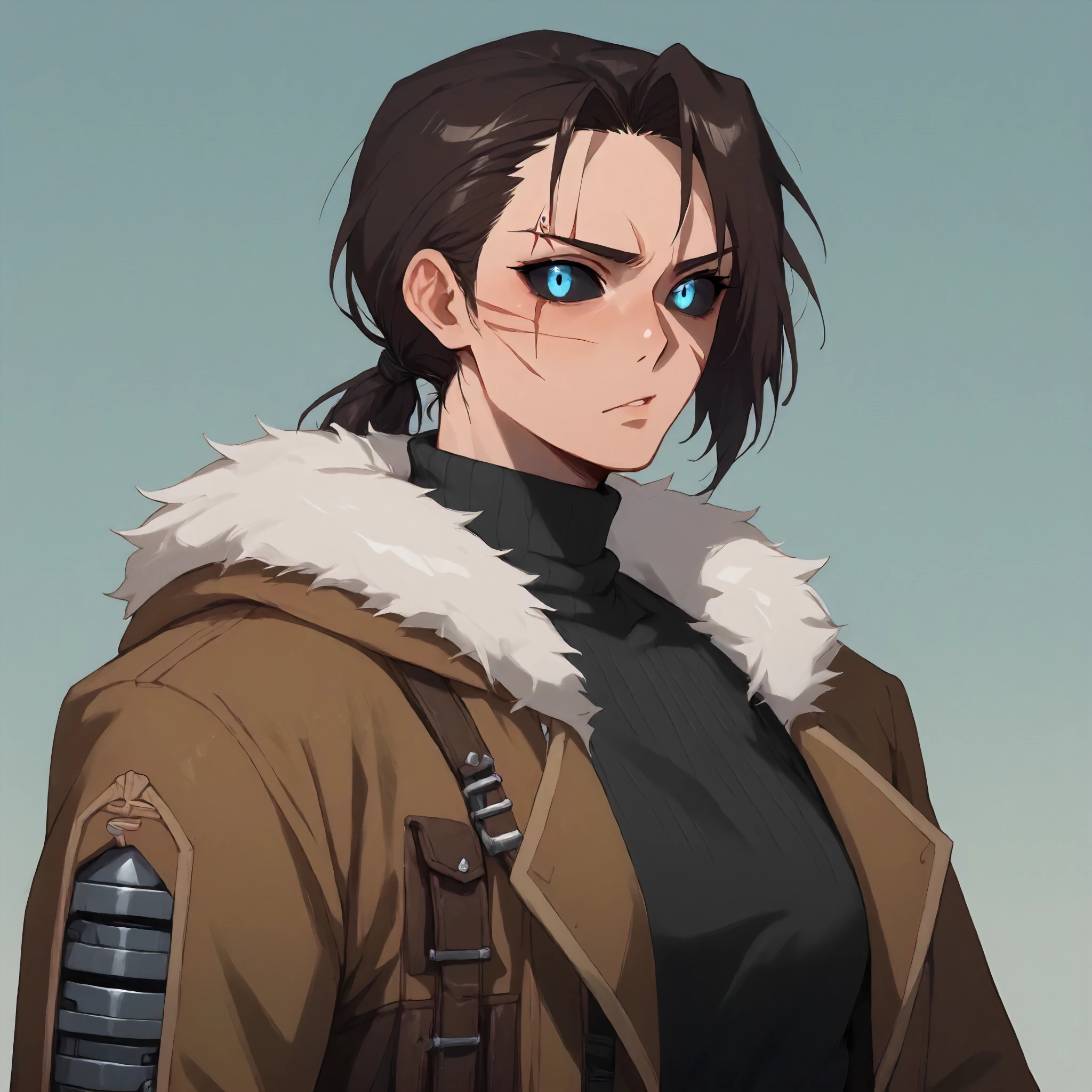 <lora:Art Style Limbus Story Art (Vellmori):1> l1mbu5v3ll,      <lora:CoE Celia Stone:1> coecelia, single cybernetic arm, eyebrow scar, glowing blue eyes, black sclera, athletic build, low ponytail, fur lined brown bomber jacket, turtleneck, score_9, score_8_up, score_7_up, score_6_up, score_5_up, score_4_up, masterpiece, detailxl. BREAK