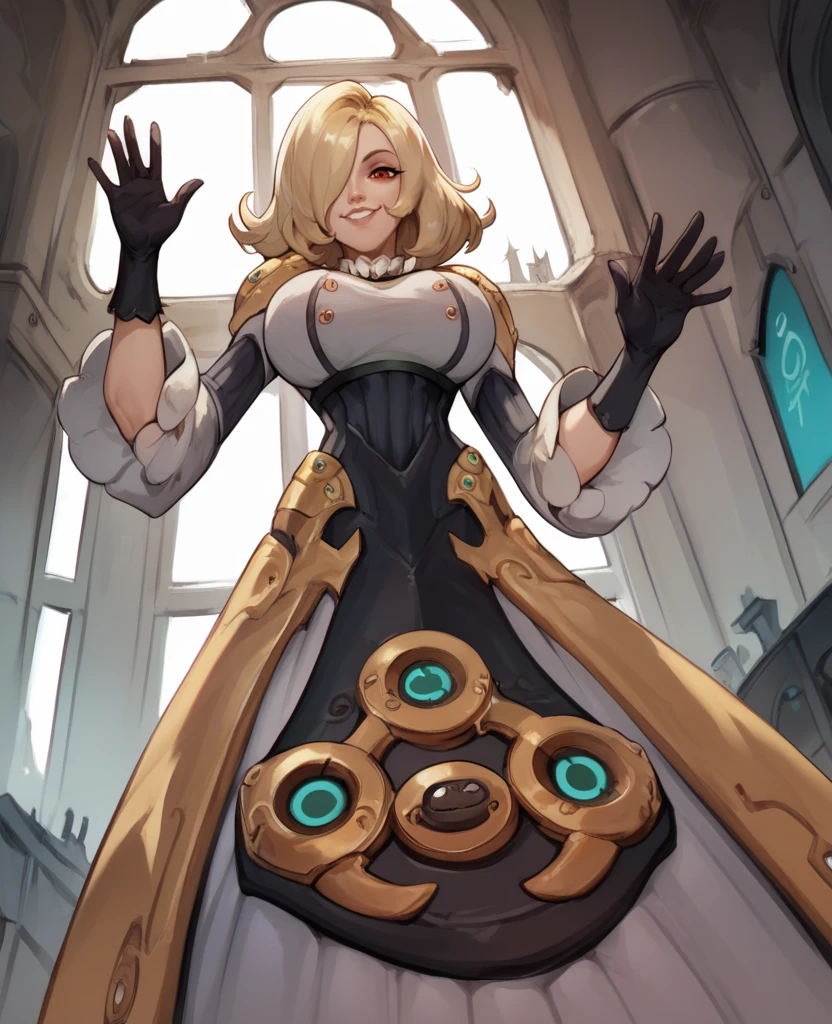 score_9,score_8_up,score_7_up,score_6_up,
phoebexl,red eyes,blonde hair,medium hair,hair over one eye,smug,
dress,gloves,from below,large breasts,leaning forward,
smile,looking at viewer, waving,       
indoors,solo, 
science fiction,castle,<lora:PhoebeXL:1>,