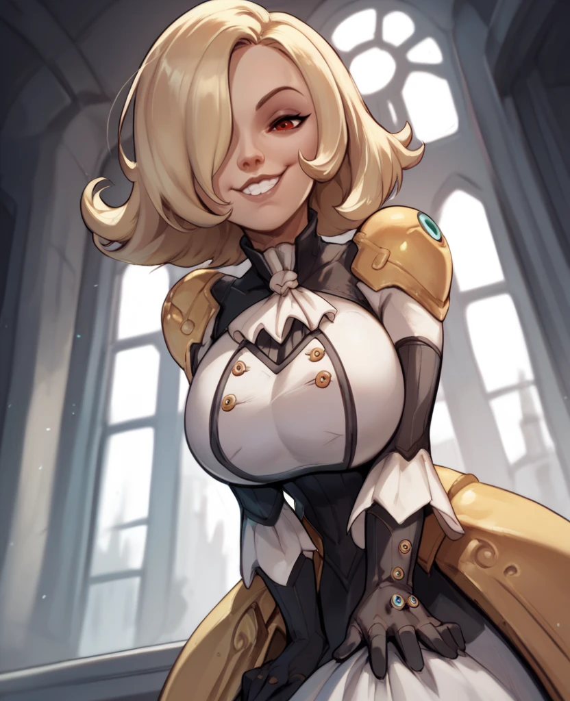 score_9,score_8_up,score_7_up,score_6_up,
phoebexl,red eyes,blonde hair,medium hair,hair over one eye,smug,
dress,gloves,from below,large breasts, leaning forward, 
smile,looking at viewer,
indoors,solo,
science fiction,castle,<lora:PhoebeXL:1>,