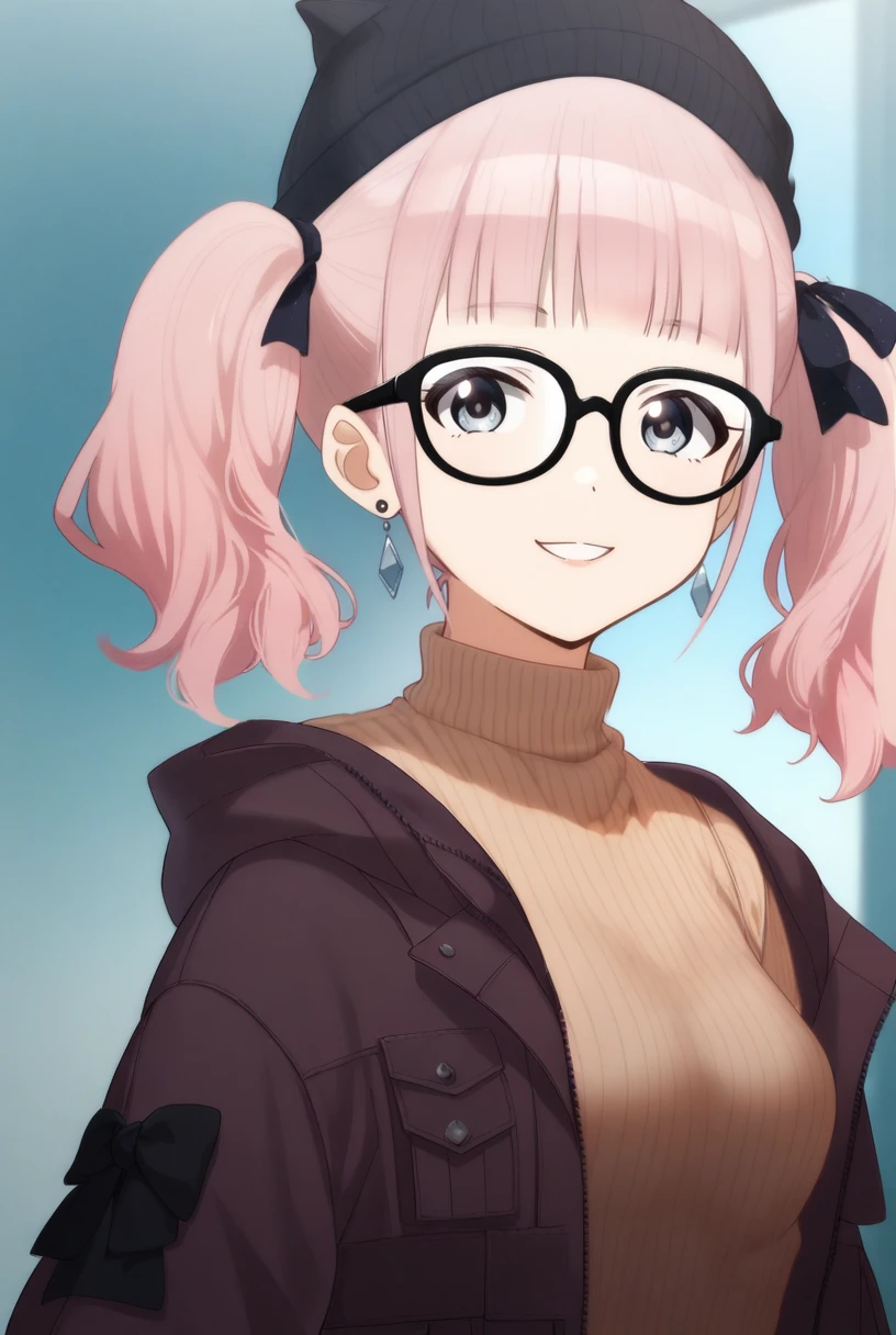 (score_9,score_8_up,score_7_up, ),<lora:GBC_HINA_pony-000040:1>,
GBC_HINA,1girl,solo,twintails,bangs,blunt bangs,grey eyes,pink hair,
black-framed eyewear,black hat,wool hat,turtleneck,turtleneck sweater,dark red jacket,open jacket,open clothes,black headwear,hair ribbon,earrings,jewelry,ribbon,smile,blurry,looking at viewer,upper body