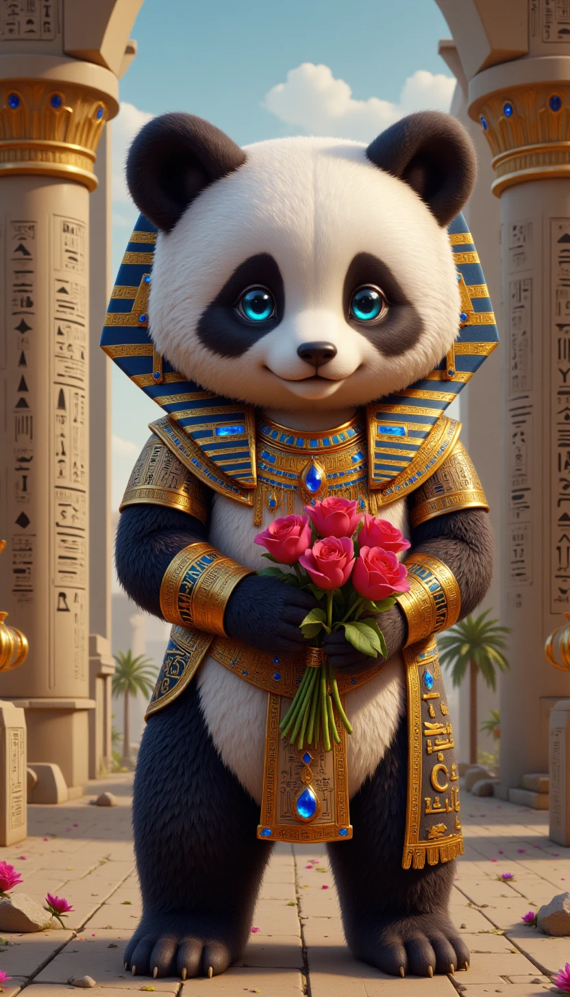 p1nk3gyptstyl3, egyptian,A cute and cuddly panda wearing egyptian clothes and accessories, holding a bouquet roses, standing in a castle