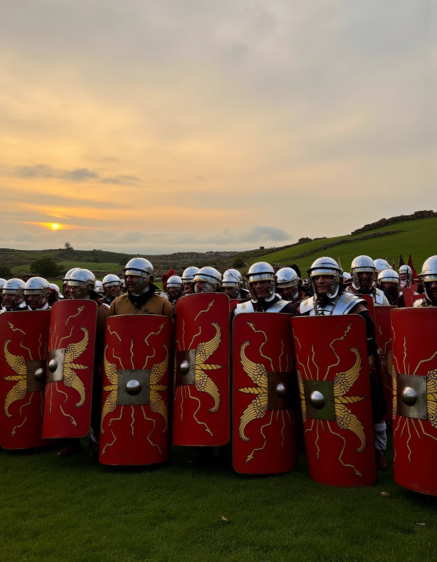 long shot scenic professional photograph of This photograph captures a group of roman legionnaire , likely participating in a historical reenactment or a cultural event. The group consists of around a dozen individuals, all wearing silver helmets and carrying large, rectangular shields adorned with red and gold designs, featuring eagles and other symbolic patterns. The shields are a prominent feature, with some bearing the emblem of the Roman legion, "SPQR" (Senatus Populusque Romanus). The individuals are dressed in a mix of earthy tones, including beige, brown, and red, with some wearing tunics and others in simpler tunics or cloaks. They are standing in a grassy area, with a slight incline in the background, suggesting a natural, outdoor setting.  In the background is a devastaed ancient village. we are at sunset with a dramatic sky <lora:Roman_Legionnaire:1> , perfect viewpoint, highly detailed, wide-angle lens, hyper realistic, with dramatic sky, polarizing filter, natural lighting, vivid colors, everything in sharp focus, HDR, UHD, 64K