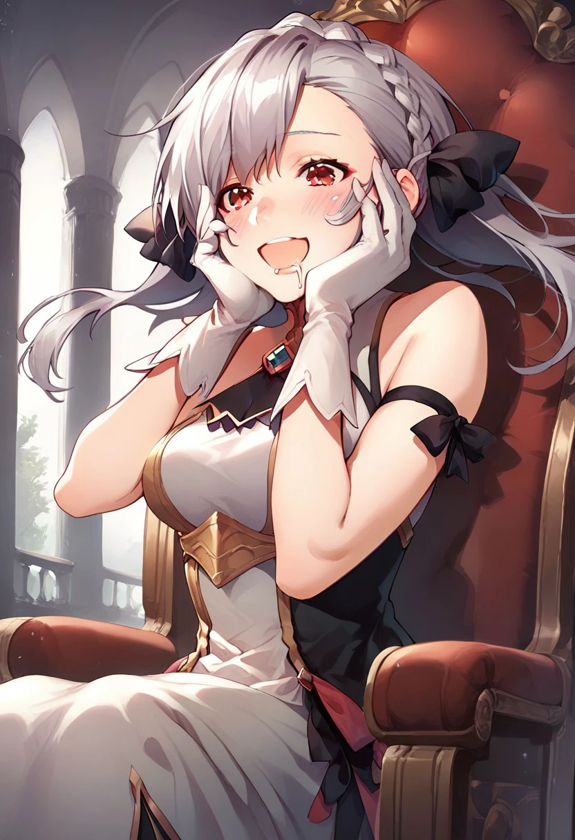 score_9,score_8_up,score_7_up, grey hair, red eyes,  shalliceres, 1girl, solo, gloves, sitting, open mouth, braid, ribbon, hands on own face, blush, long hair, breasts, dress, chair, crown braid, floating hair, sleeveless, drooling, hair ribbon, hands on own cheeks, bangs, bow, smile, + +, sleeveless dress, hair bow, french braid, Shalliceres_noarmor