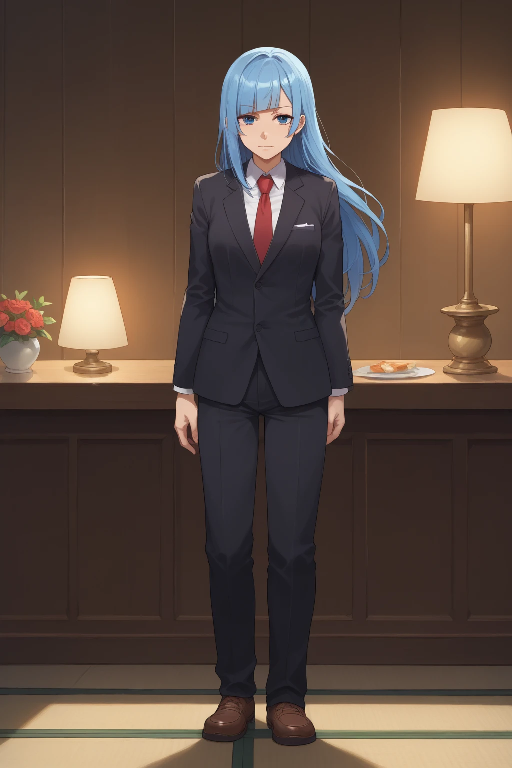 score_9, score_8_up, score_7_up, score_6_up, score_5_up, score_4_up, masterpiece, high quality, BREAK, full body, 1girl,  BREAK,   <lora:Miwa_JJk:0.8> Miwa_JJK, blue hair, necktie, katana, black suit, navy blue eyes, brown shoes, pale skin, asymmetrical bangs, long hair,