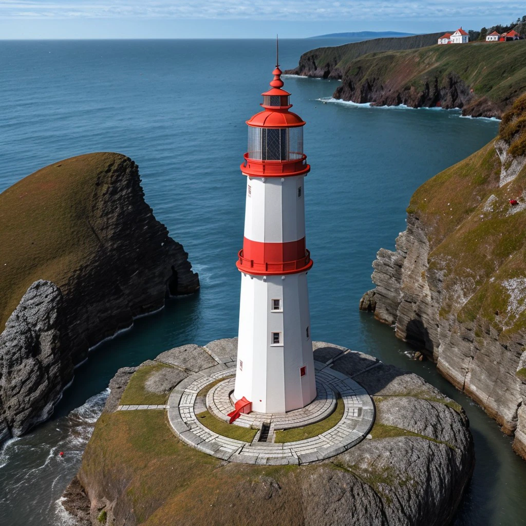 masterpiece, intricate photo, lighthouse with uniformly large red-white colored ring sections on a rock in the ocean, highly detailed, sharp focus, best quality, high resolution, 8K, LighthouseEmbedding:0.8