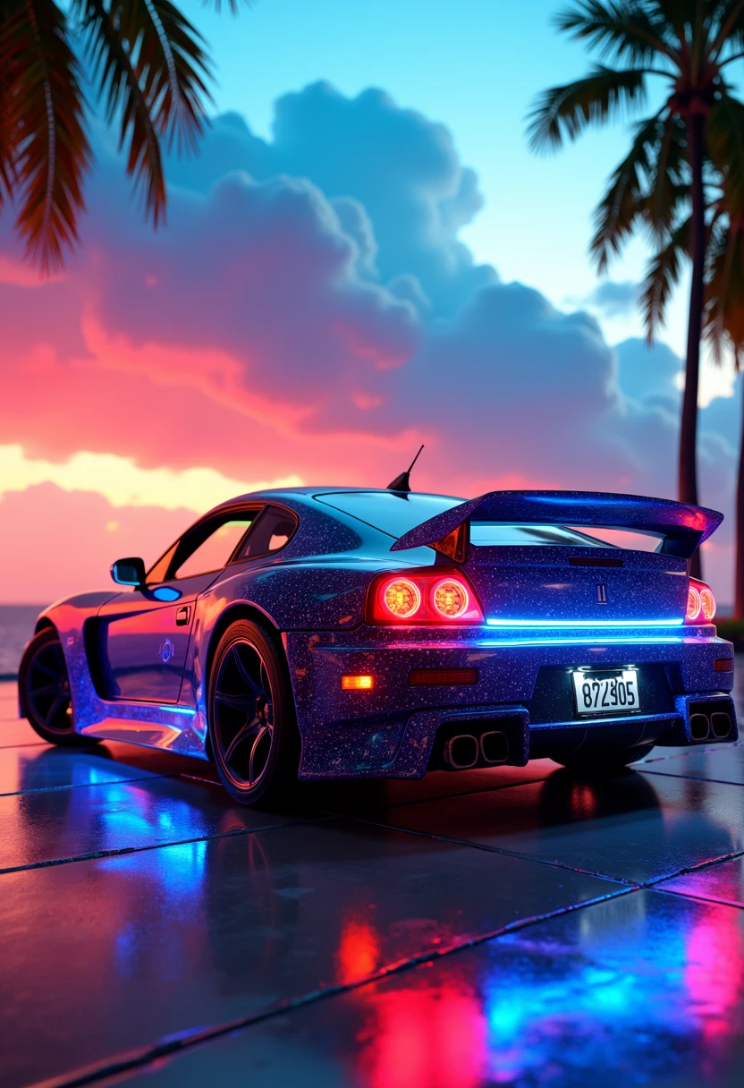 close-up,sports car,vehicle focus,palm tree,glowing neon color,luminescent particle,colorful theme,fluorescence,cloud,rim light,see-through,3d rendering,particle light effect,octane render,highly detailed,volumetric