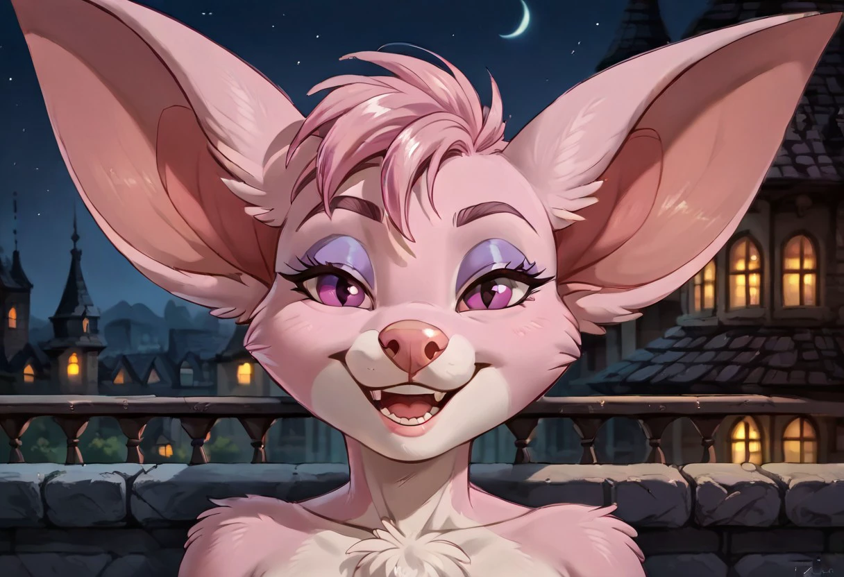 score_9, score_8_up, score_7_up, Expressiveh, masterpiece, best quality, highly detailed, realistic, (zPDXL3), 1girl, solo PBA, furry, anthro, female bat, bat nose, bat ears, patagium, chest tuft, pink body, pink sclera, purple eyes, purple eyeshadow, pink hair, short hair, (face only, close-up, smile, teeth, looking at viewer, open mouth) rooftop, night, city, detailed background, romantic ambiance