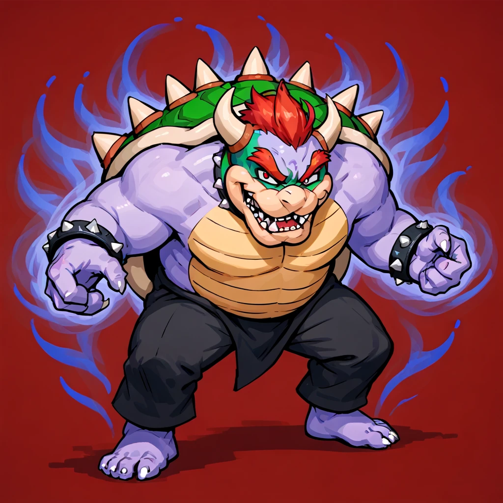 score_9 score_8_up score_7_up score_6_up score_5_up score_4_up 1boy solo (bowser:1.1) fists barefoot dr4g3 looking at viewer full body standing evil smile (purple skin aura:1.2) fighting stance red background <lora:Concept_Dr._Andonuts_Rage_PDXL:0.6>