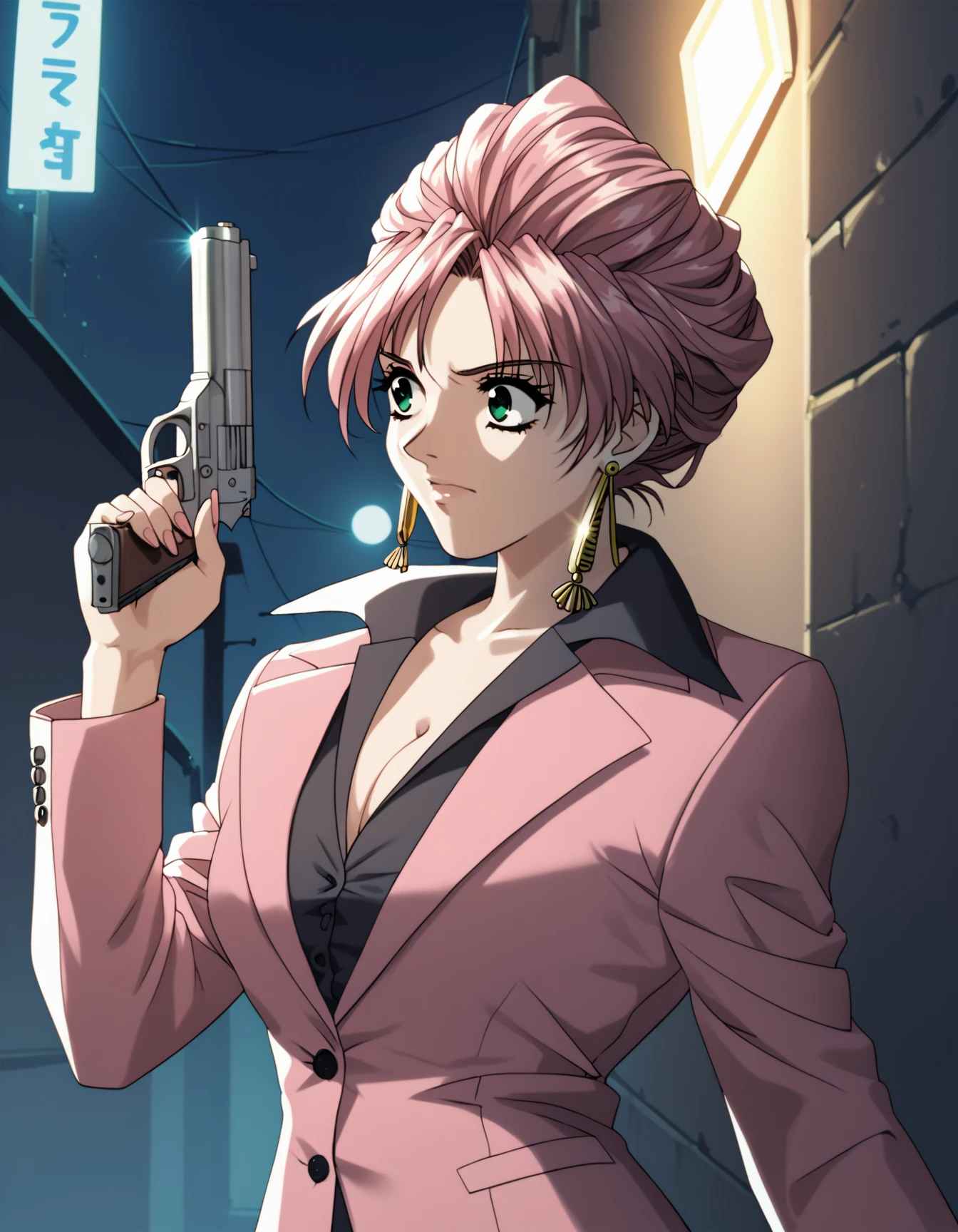 score_9,  score_8_up, score_7_up, <lora:marina-yuka-prodigy-ponyxl-000007:1> marina, skirt suit, pink suit, cleavage, black skirt, pantyhose, earrings, 1girl, solo, handgun, from side, intense, upper body, outdoors, alley, night