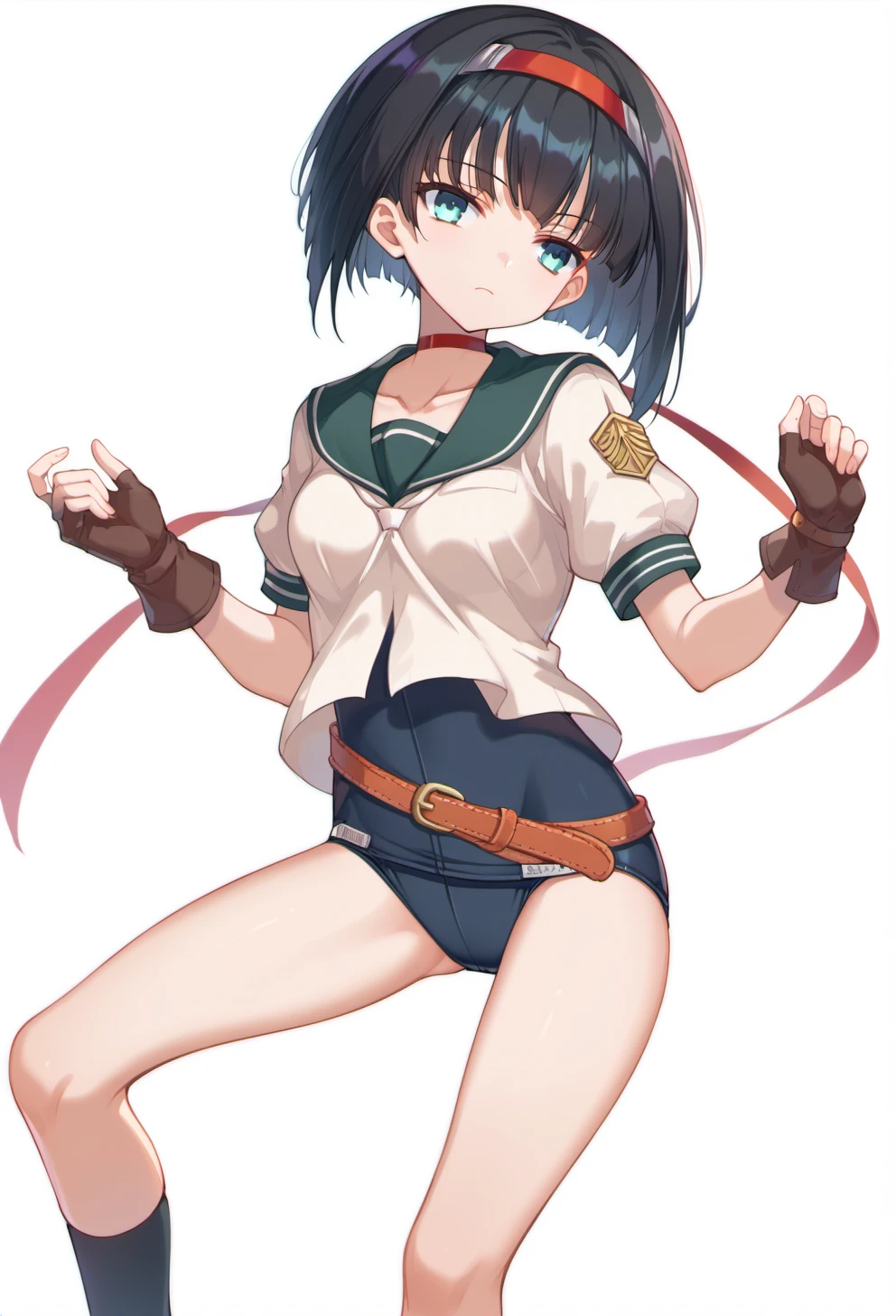 score_9, score_8_up, score_7_up, source anime, yuzuhara yuzumi, 1girl, solo, black hair, brown fingerless gloves, short hair, blue eyes, belt, short sleeves, school uniform, red hairband, red choker, socks, shirt, kneehighs, white shirt, medium breasts, collarbone, buruma, red ribbon, trefoil, white background, <lora:yuzuhara_yuzumi-xl-pony-v2:1>,