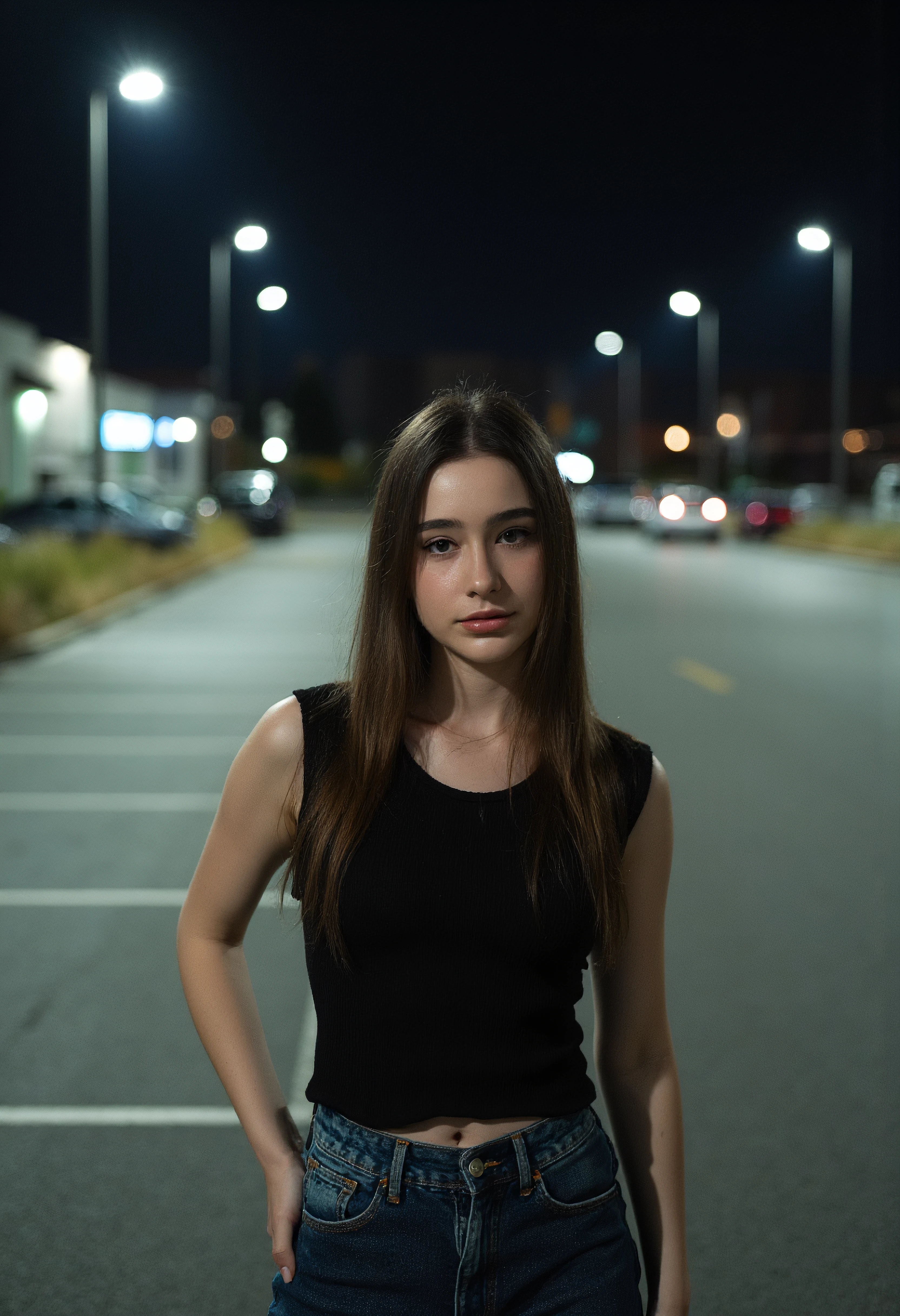 portrait of a Woman, she is posing in an empty parking lot at night