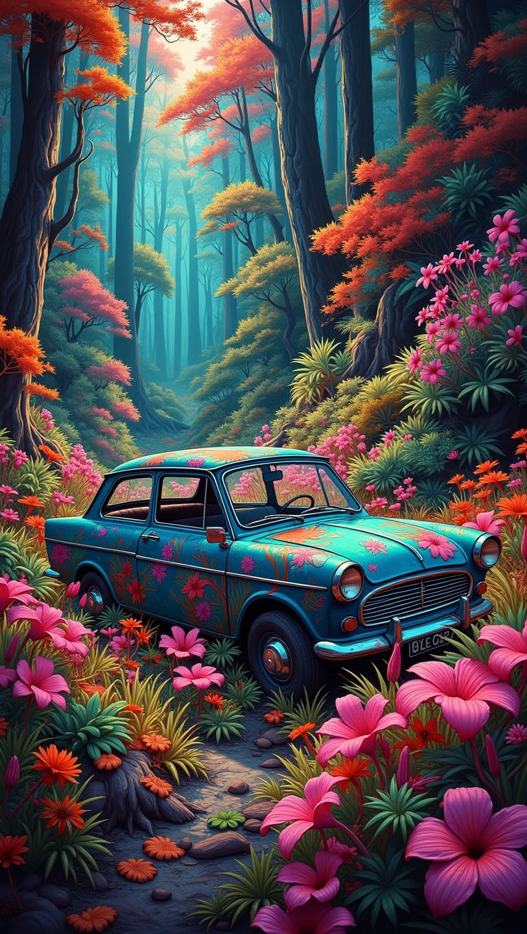 c0l0rw0rldd. Abbandoned old car in a flower forest 
<lora:color-world:1.0>