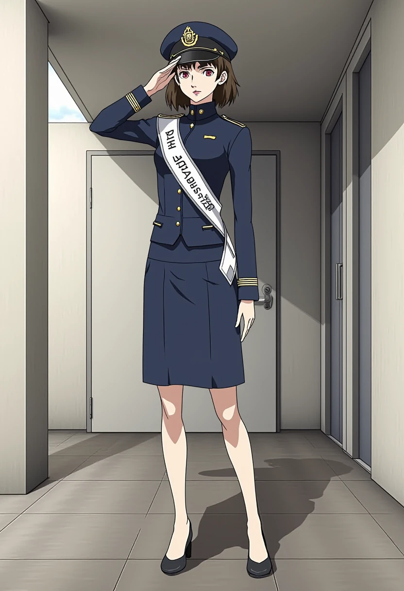 <lora:persona5_niijima_makoto_flux_v1_2-000005:1>, niijima_makoto
 She is dressed in a formal Japanese female police uniform, consisting of a navy blue skirt suit. The policy cap is a rounded, flat top with a prominent brim. The outfit includes a structured jacket with gold accents on the cuffs, paired with a matching knee-length skirt. She is wearing a police hat with an emblem on the front, and a white sash across her chest with text printed on it, likely signifying a special role or honor. She is posing in a salute, with her right hand raised to her forehead. The woman is also wearing black low-heeled shoes and appears to be standing in a hallway, with a neutral wall in the background.
Anime style, sharp, high contrast and highly detailed. Ghibli anime style. Perfect anatomy. Perfect body ratio. No oversized head. No blurry, out of focus pictures. No simple background, no single color background.