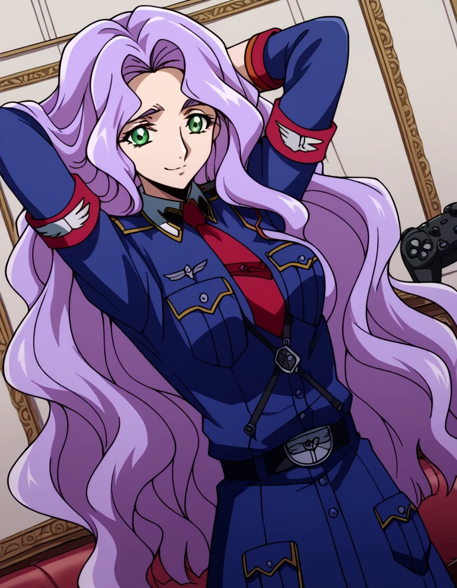 score_9, score_8_up, score_7_up, source_anime, <lora:anna-clement-movie-ponyxl-lora-nochekaiser:1>, anna clement, long hair, very long hair, green eyes, purple hair, forehead, wavy hair, medium breasts,, necktie, uniform, military uniform, red necktie, armband, living room, video game, controller, competitive, fun, afternoon, , , hands behind head, smile,, solo,, cowboy shot, dutch angle