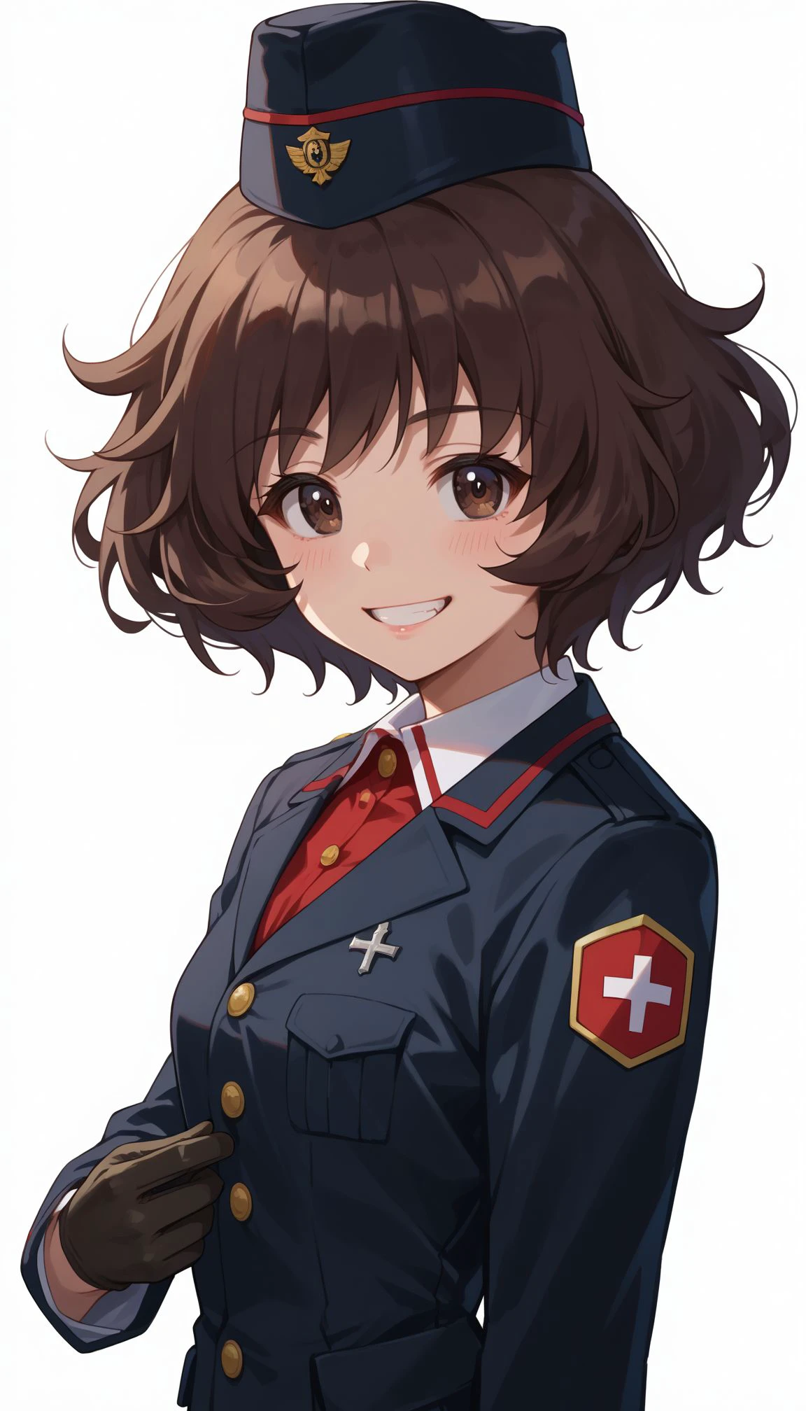 score_9, score_8_up, score_7_up, score_6_up, , solo, 20yo woman, (Beuty:1.1) , (cute:1.3), ,perfecteyes , seductive smile,perfect,  
  <lora:Akiyama:1>,  1girl, kuromorimine military uniform, brown hair, black gloves, smile, short hair, red shirt, looking at viewer, brown eyes, black headwear, white background, long sleeves, akiyama yukari, black jacket, bangs, military hat, garrison cap, simple background, grin, messy hair, upper body, dress shirt, insignia, adjusting clothes, wing collar, standing, from side