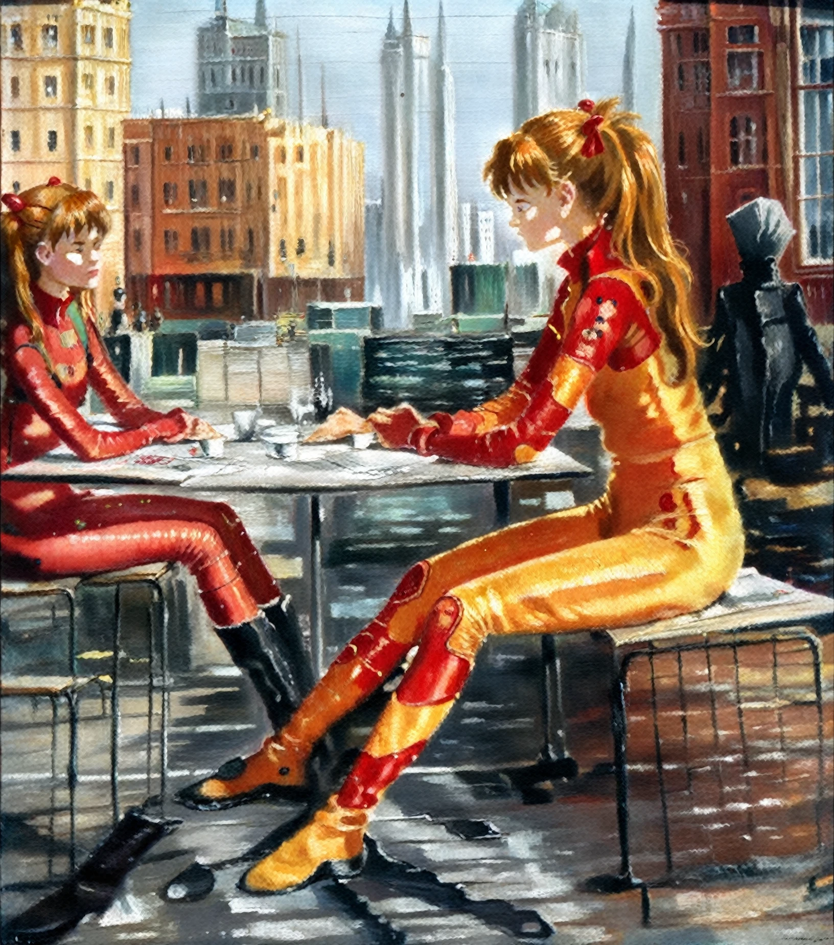 <lora:yuriy-pimenov_pony_v1:1>   ' asuka langley soryu ' by yuriy pimenov in 1937, cityscape \(genre\), genre painting \(genre\), Social Realism \(style\), , red bodysuit,plugsuit sitting, traditional media, table, painting (medium)