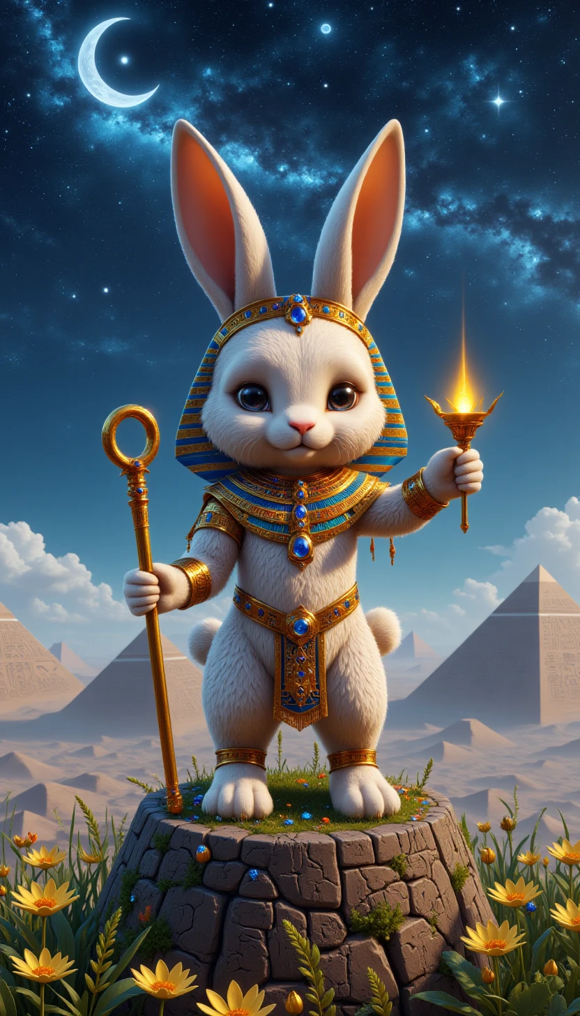 p1nk3gyptstyl3, egyptian,  text: ("Cleopatra's Charm":1.1),A cute rabbit wearing egyptyian clothes and holding a staff, standing on top of a mountain casting a spell, text: "Cleopatra's Charm" on the starry sky