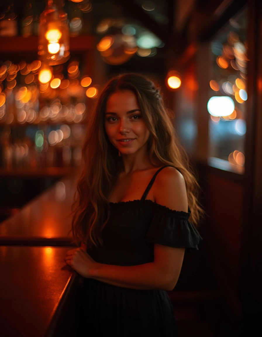 (8k, RAW photo, best quality, masterpiece), (realistic, photo-realistic), ultra-detailed, a girl standing in tavern, long hair, night, tavern, indoor, city lights, flare spot, looking at viewer, cowboy shot, black wedding dress, upper body, posing, closed-up, smile, starry background,
<lora:hinaFluxPetzval85ArtLenLora_v1-rev1:0.7>