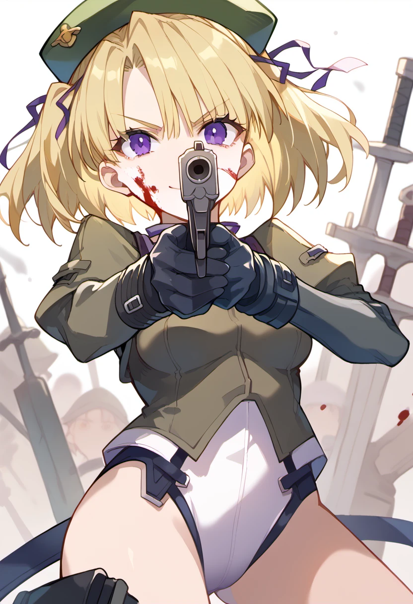 score_9, score_8_up, score_7_up, source anime, urza pranaice, 1girl, purple eyes, blonde hair, smile, short hair, beret, hair ribbon, ribbon, black gloves, medium breasts, military uniform, leotard under clothes, twintails, serious, blood on face, holding gun, two-handed, aiming, aiming at viewer, finger on trigger, battlefield,  <lora:urza_pranaice-xl-pony-v1:1>, <lora:aim-xl-pony-v3:1>,