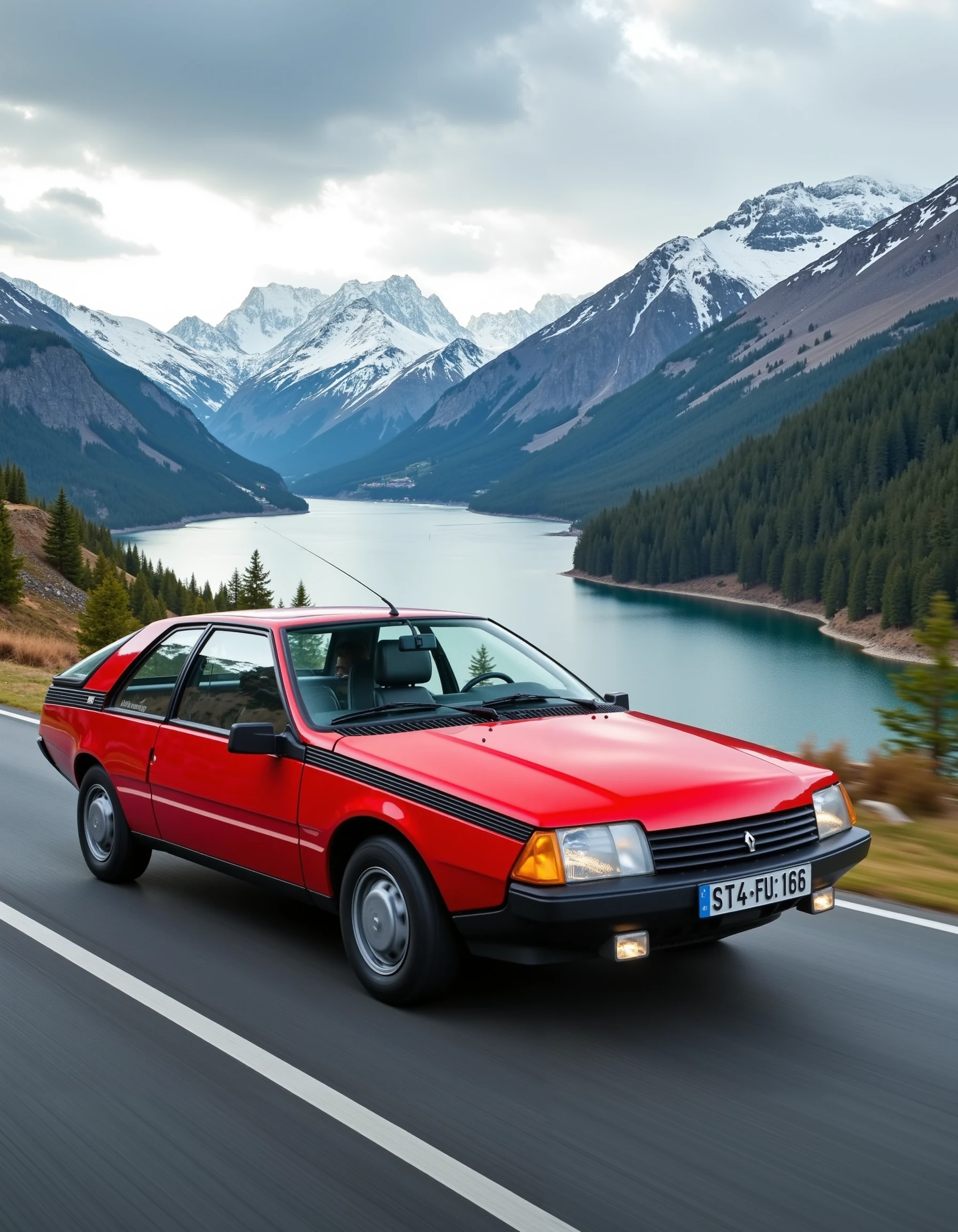 red renaultfuego car at high speed on a road, in the background you can see a beautiful lake and mountains with snow-capped peaks, 