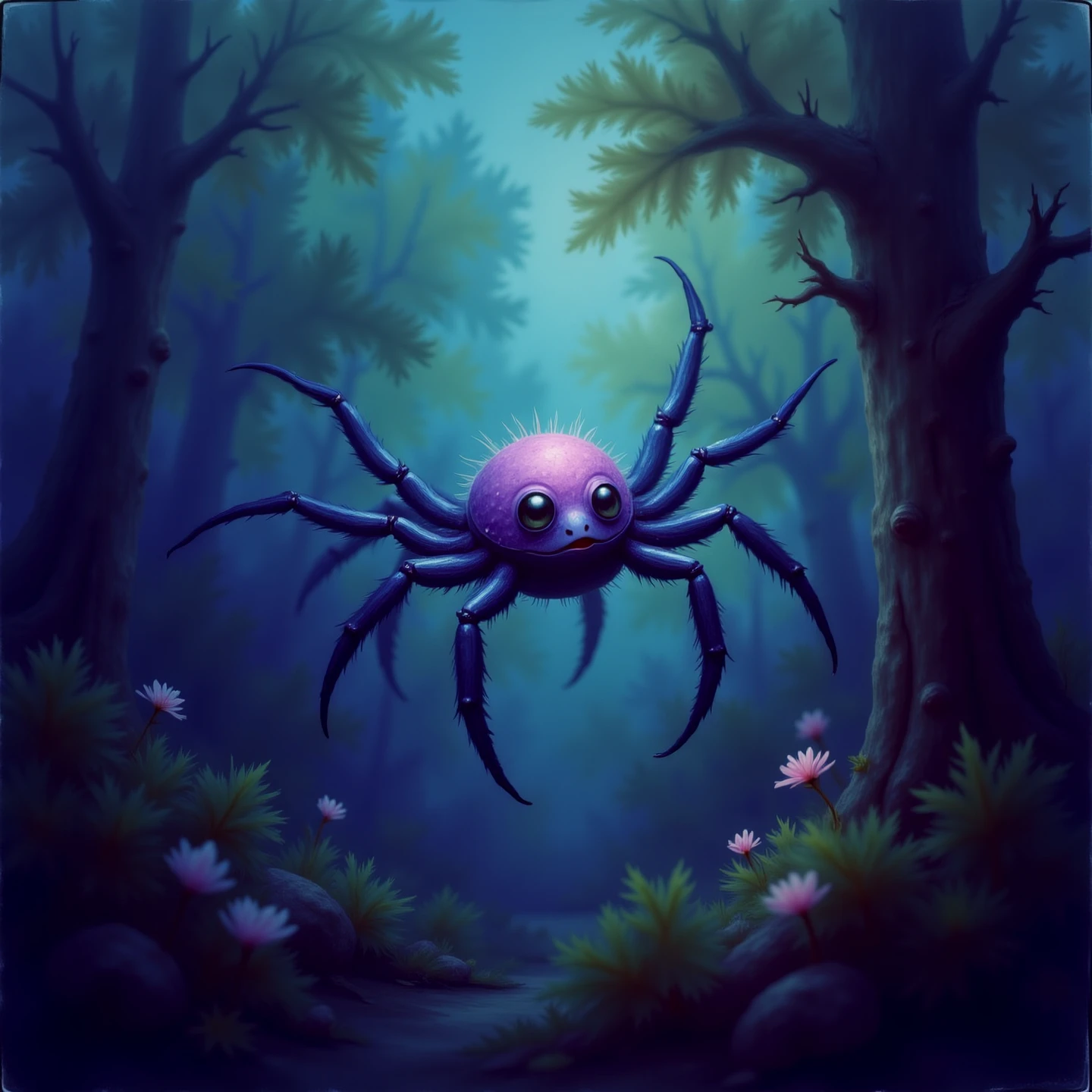 A dark pastel luminous chibi spider in a web on a tree.

Fantasy dreamlike art.

FntsyPstlCE style