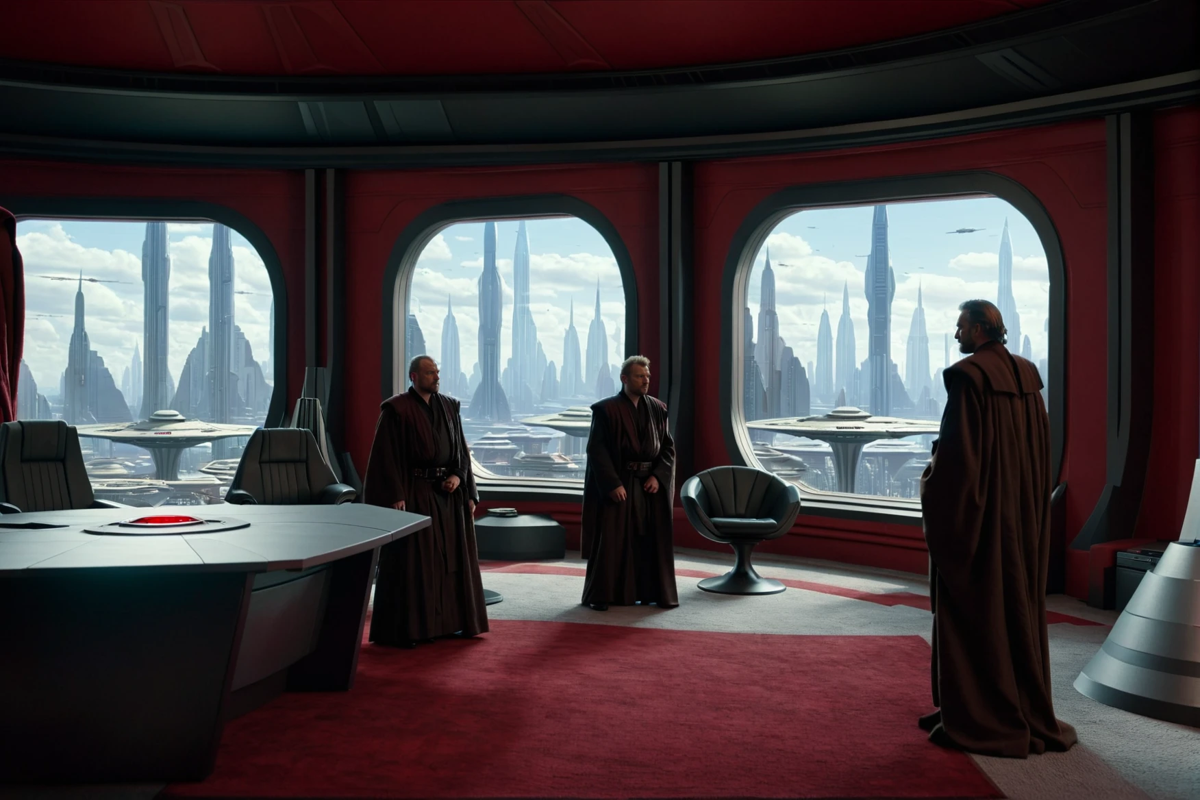 (establishing shot shot1.5) of two jedi walking in a Coruscant office Interior <lora:Coruscant:0.2> Coruscant <lora:Coruscant_Office_Interior:0.9> with red walls, red carpet, grey furniture, Coruscant city skyline view through a large window, science fiction, 8k resolution, sharp focus, infused with a graphic novel aesthetic, cinematic, detailed, motion picture style, realistic, sci fi style, cinematic light, perfect color, perfect scene, shallow depth of field, vignette, highly detailed, high budget, bokeh, cinemascope, moody, epic, masterpiece, <lora:Rembrandt Lighting style v2:0.6> Rembrandt Lighting style, in the dark Low-key lighting Style <lora:Low-key lighting Style:0.6>